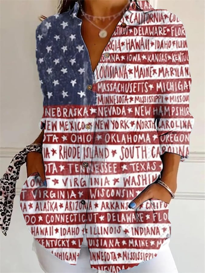 Women's Casual Cotton and Linen Independence Day Shirt