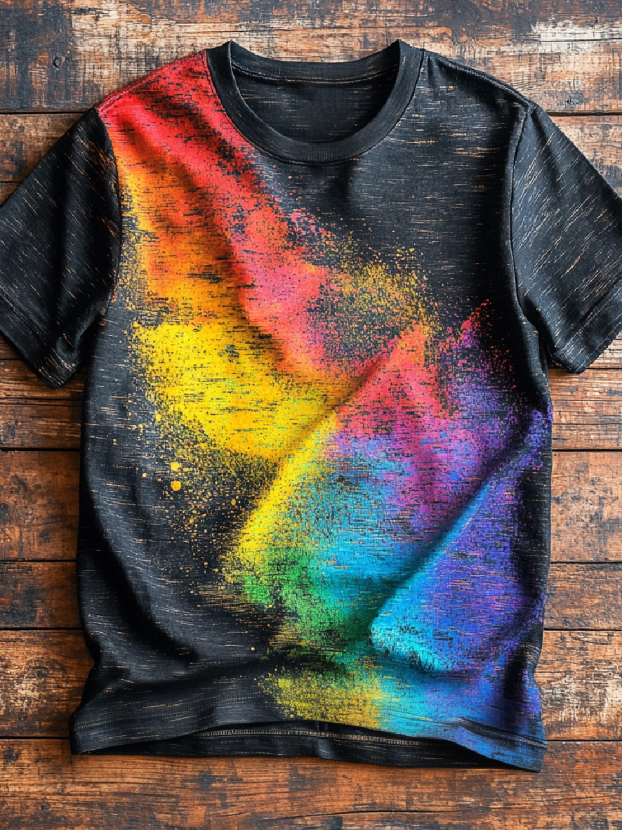Rainbow Gradient Art Print Casual Crew Neck T-Shirt