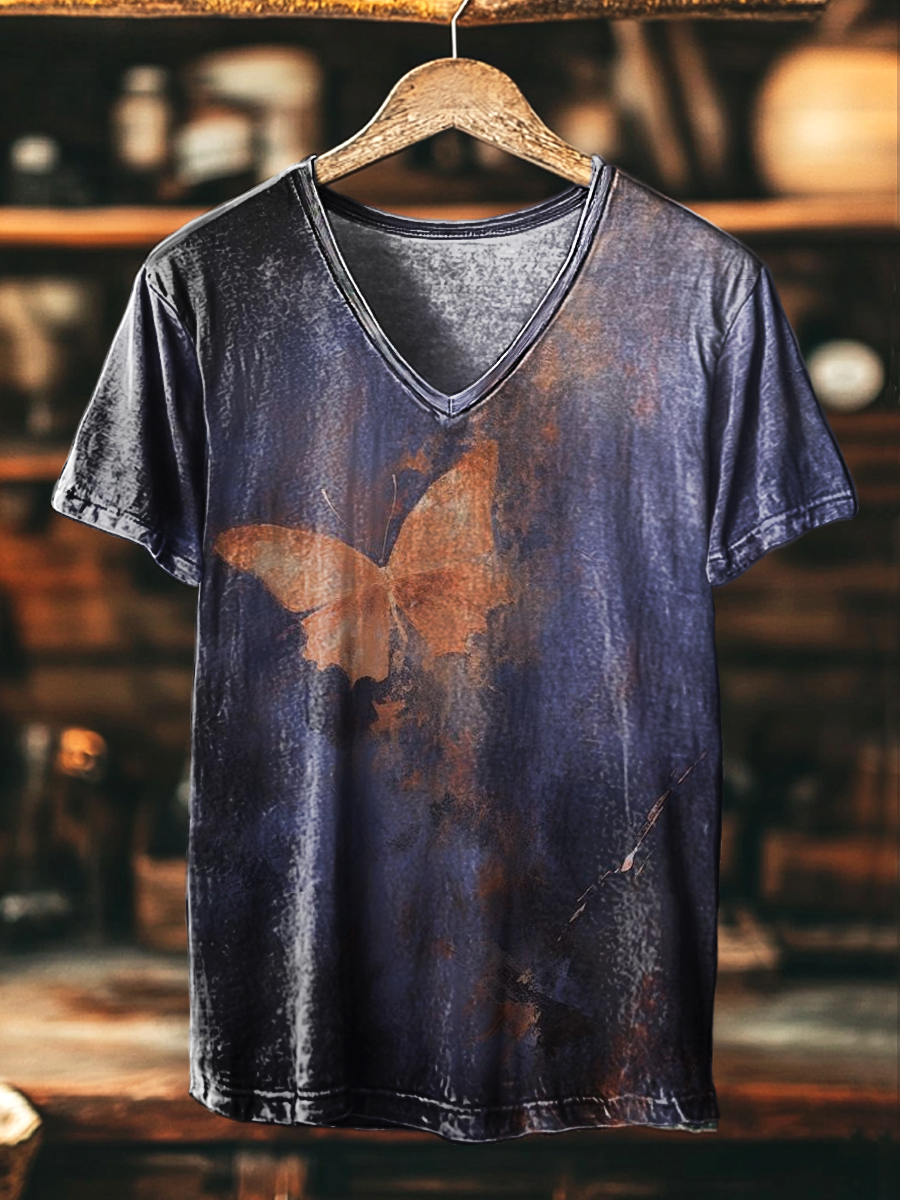 Vintage Abstract Butterfly Art Print Casual V-Neck T-Shirt