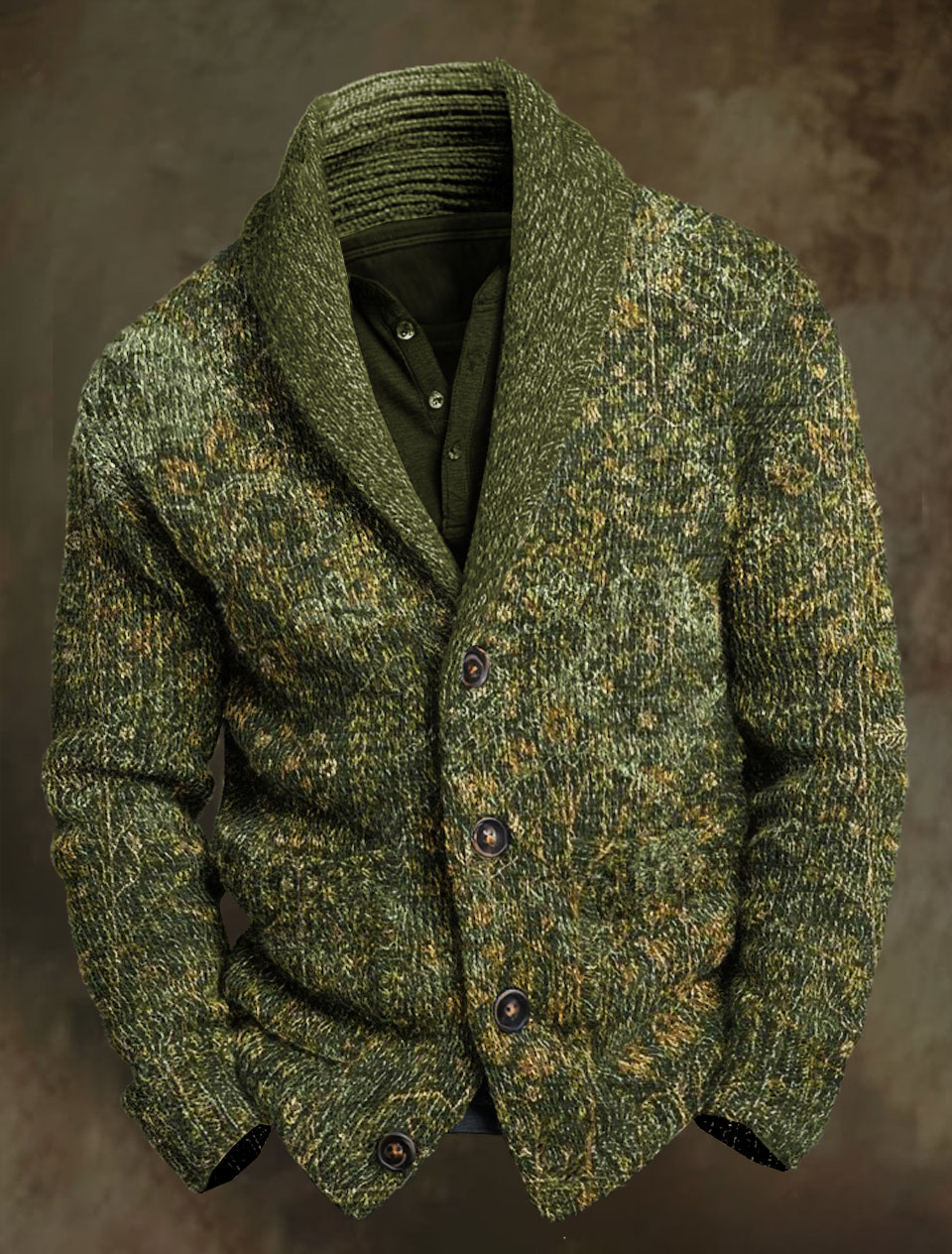 Vintage Abstrct Green Print Knit V-neck Pullover Sweater