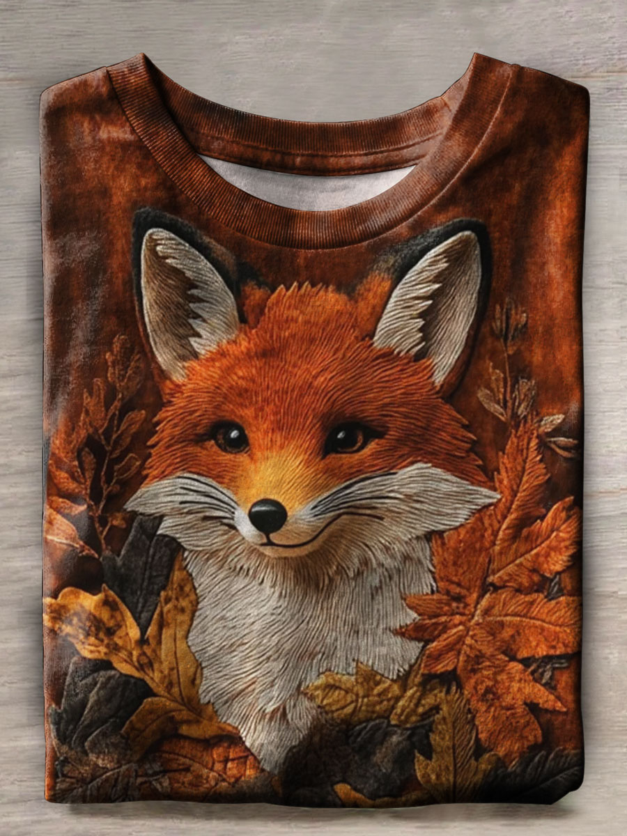 Vintage Autumn Fox Print Casual T-shirt