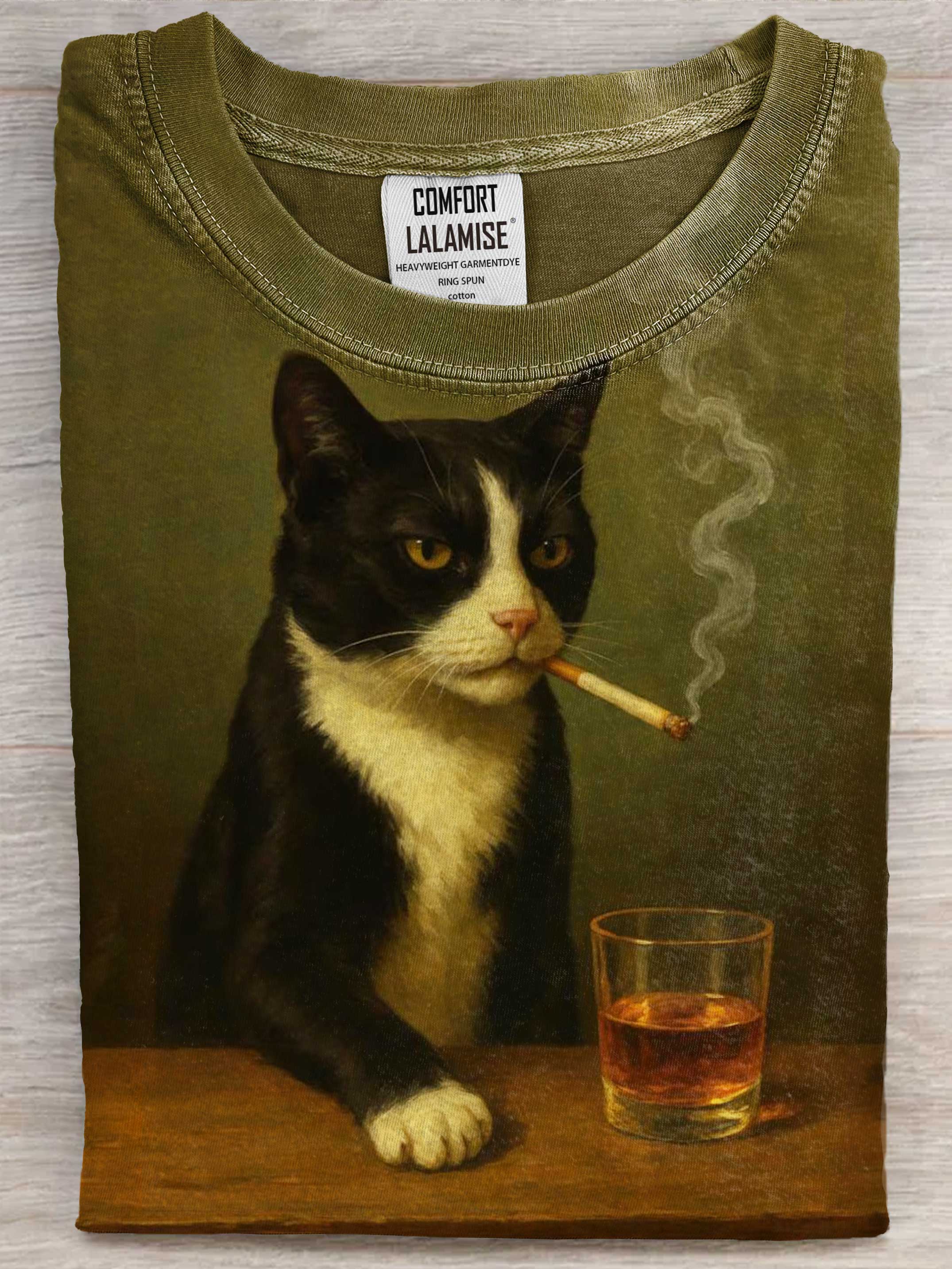 Tuxedo Cat Drinking Whiskey Art Print Cotton Casaul Short Sleeve T-shirt