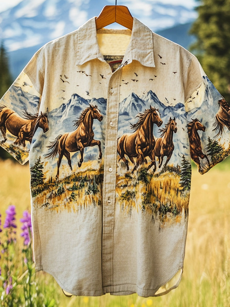 Vintage Horse Print Casual 100% Cotton Shirt