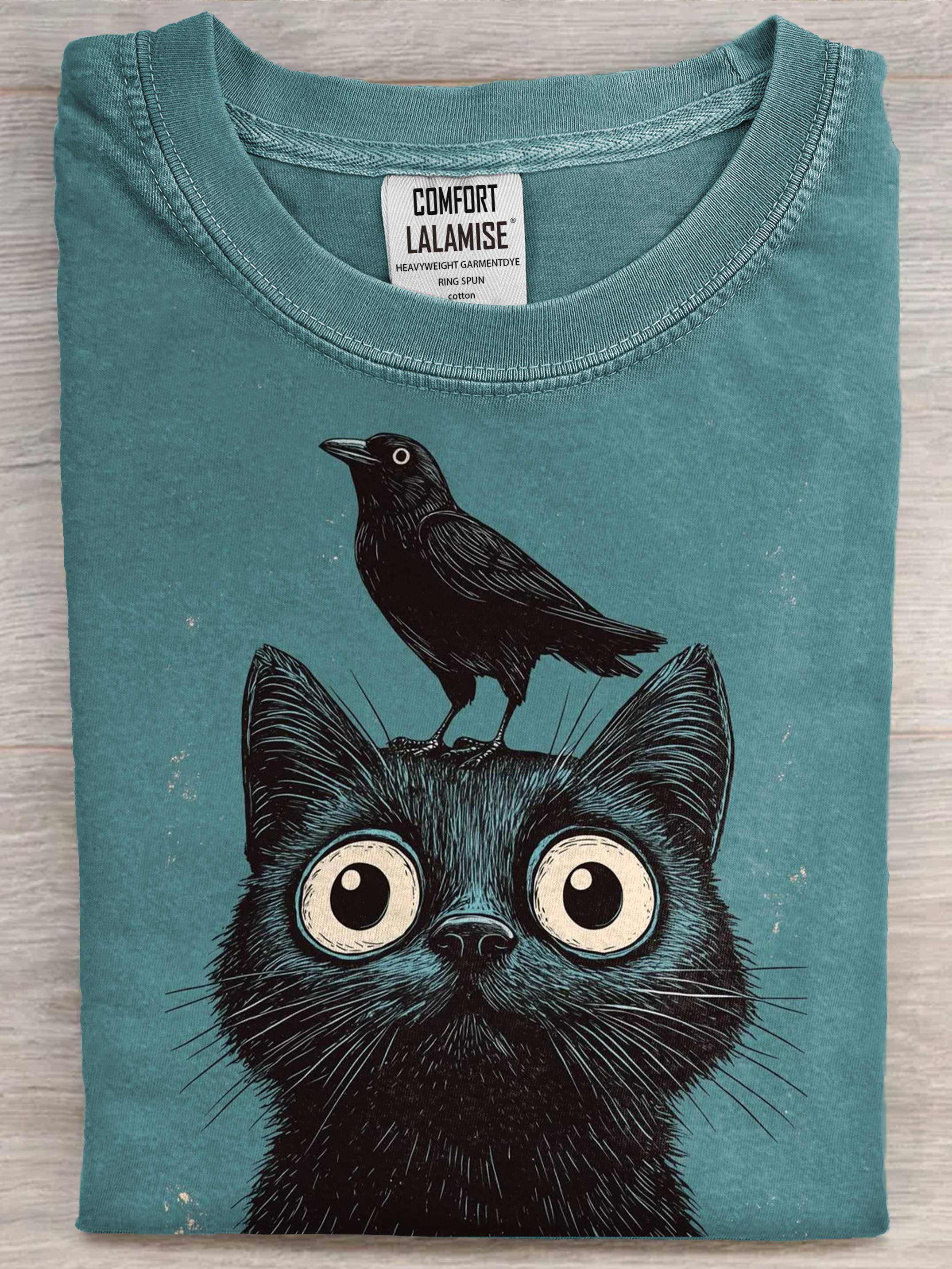 Cat and Crow Art Print Causal Cotton Short Sleeve T-shirt