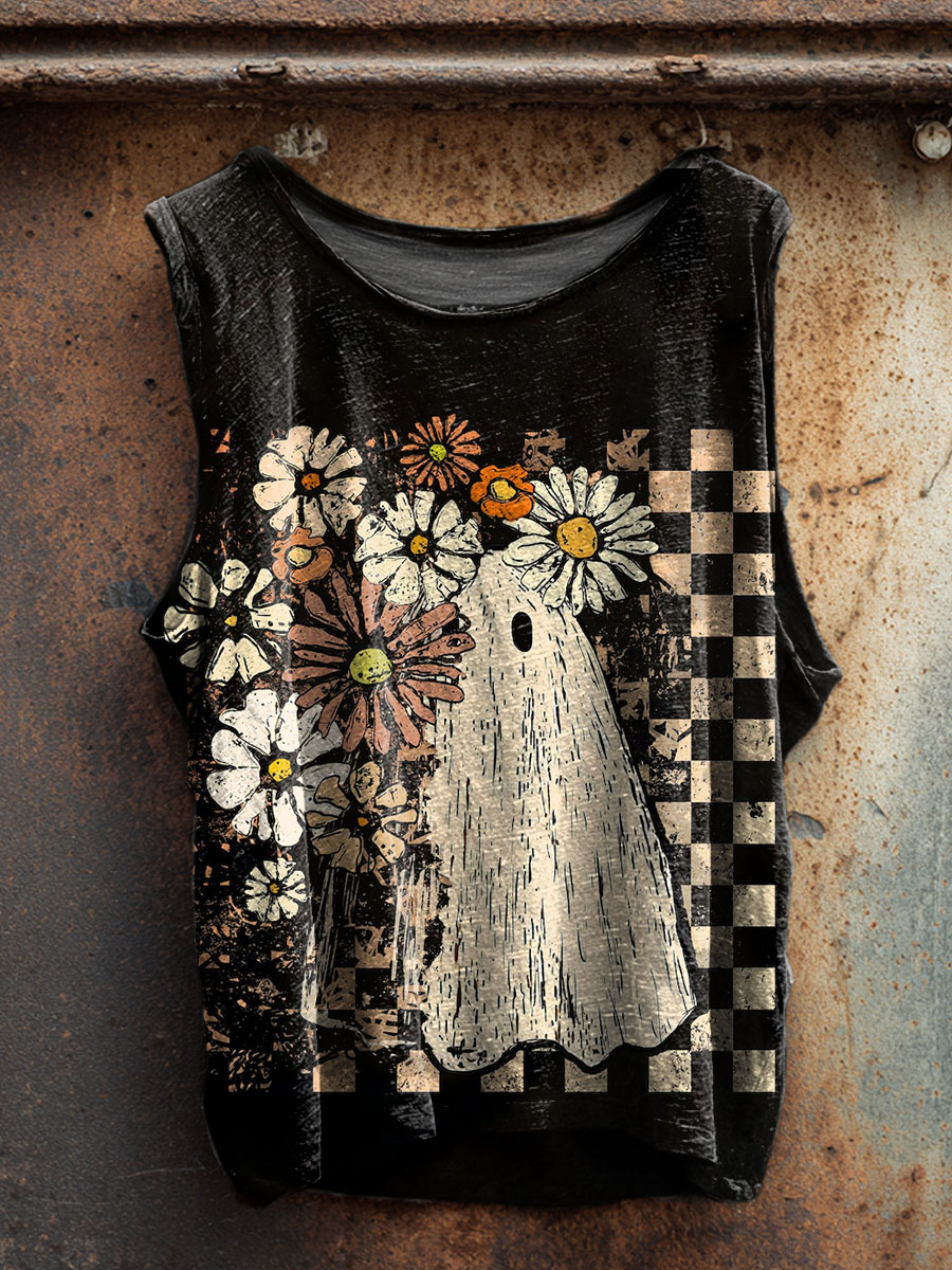 Vintage Halloween Flower Ghost Print 100% Cotton Casual Tank Top