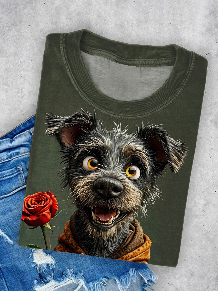 Dog Art Printed Crew Neck Short Sleeve T-Shirt
