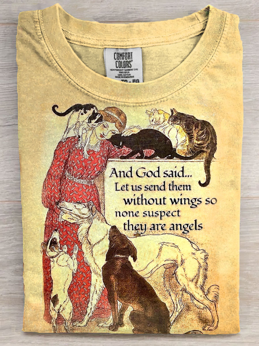 Vintage Style Dogs and Cats Art Print Casaul Short Sleeve T-shirt