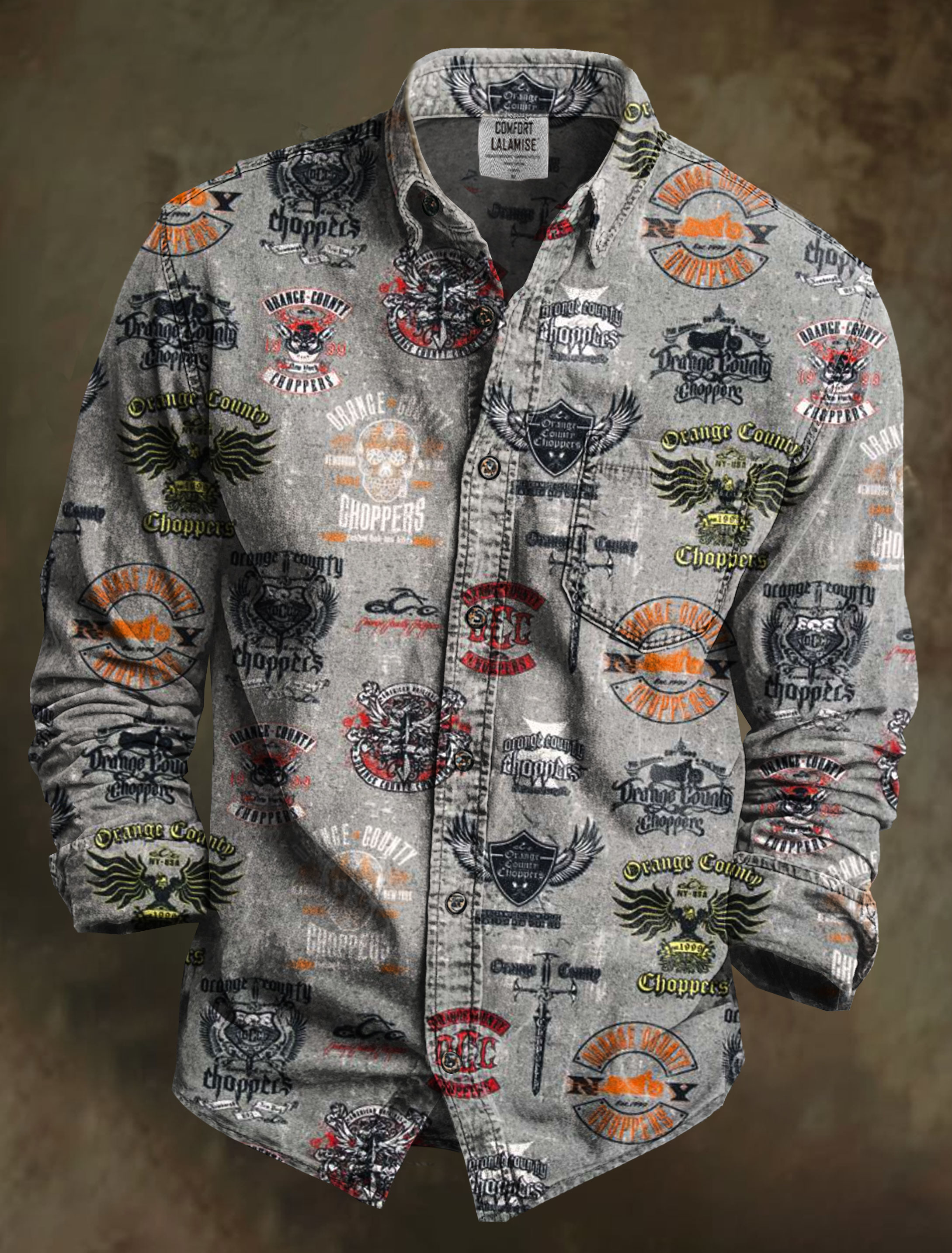 American Orange County Choppers Motorbike Emblems Art Print 100% Cotton Long Sleeve Shirt