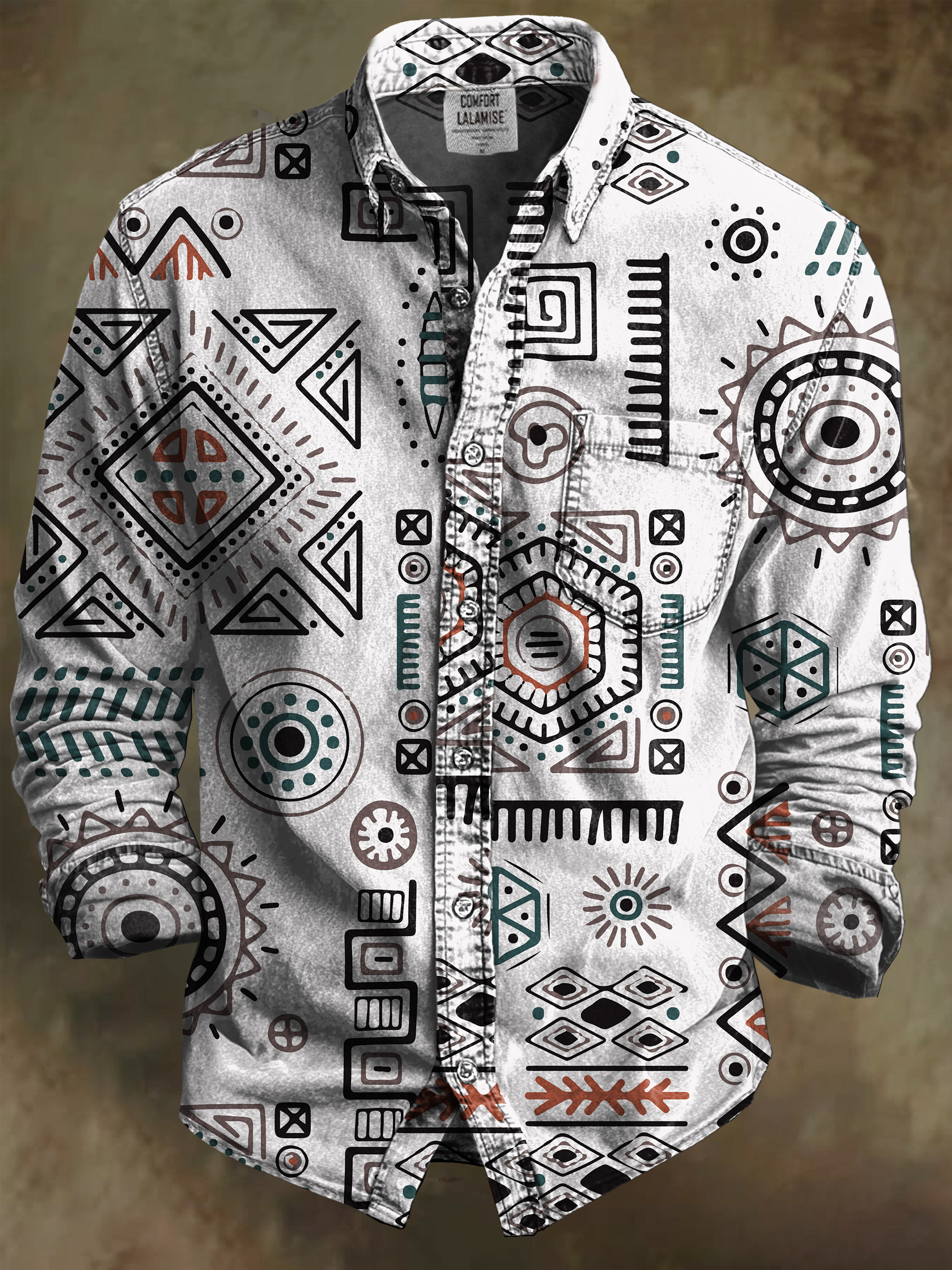 Vintage Abstract Ethnic Art Print 100% Cotton Long Sleeve Shirt