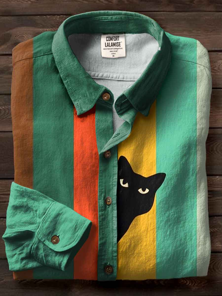 Abstrct Cat Art Print Casual Cotton Shirt
