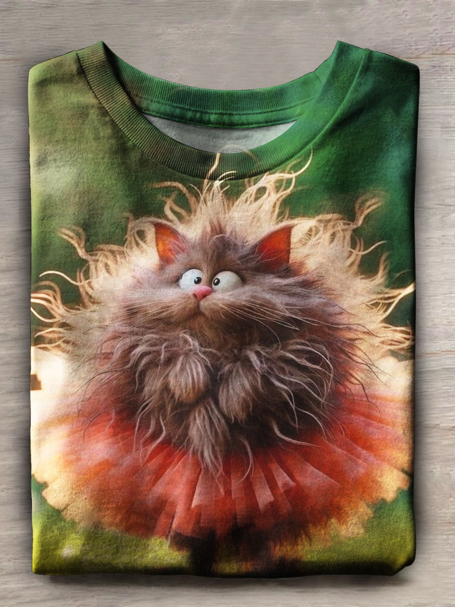 Cute Cat Print Casual Short Sleeve Top