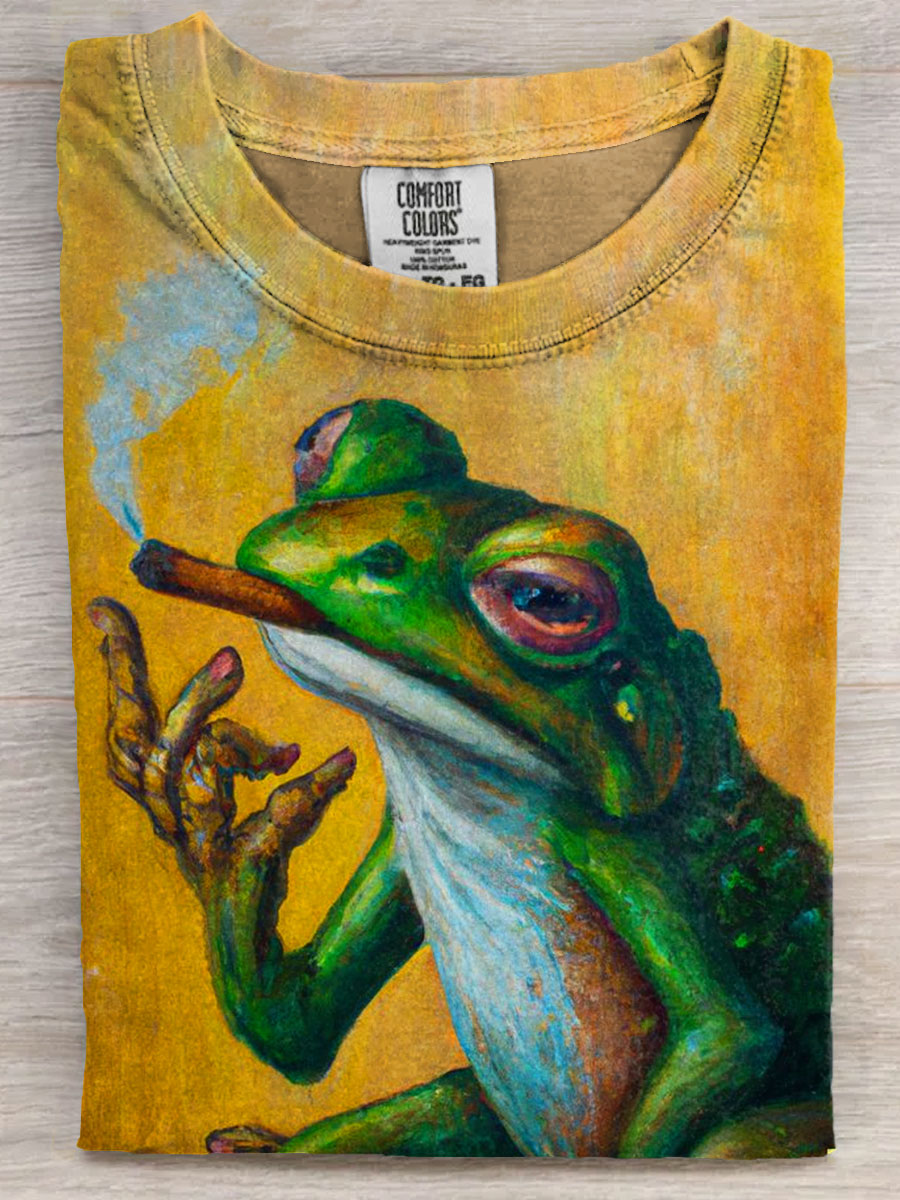 Funny Smoking Frog Art Print Casaul Short Sleeve T-shirt