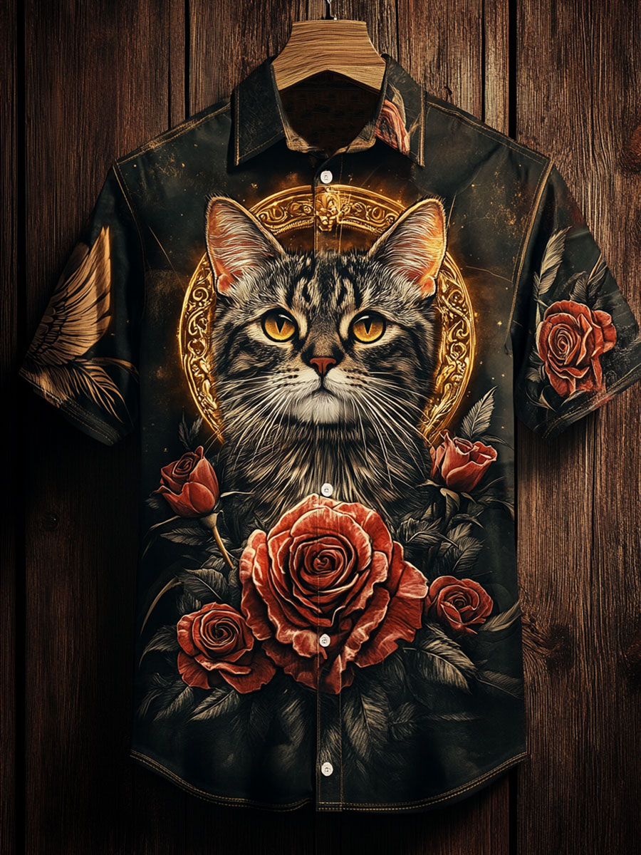 Vintage Flower Cat Print Casual 100% Cotton Shirt