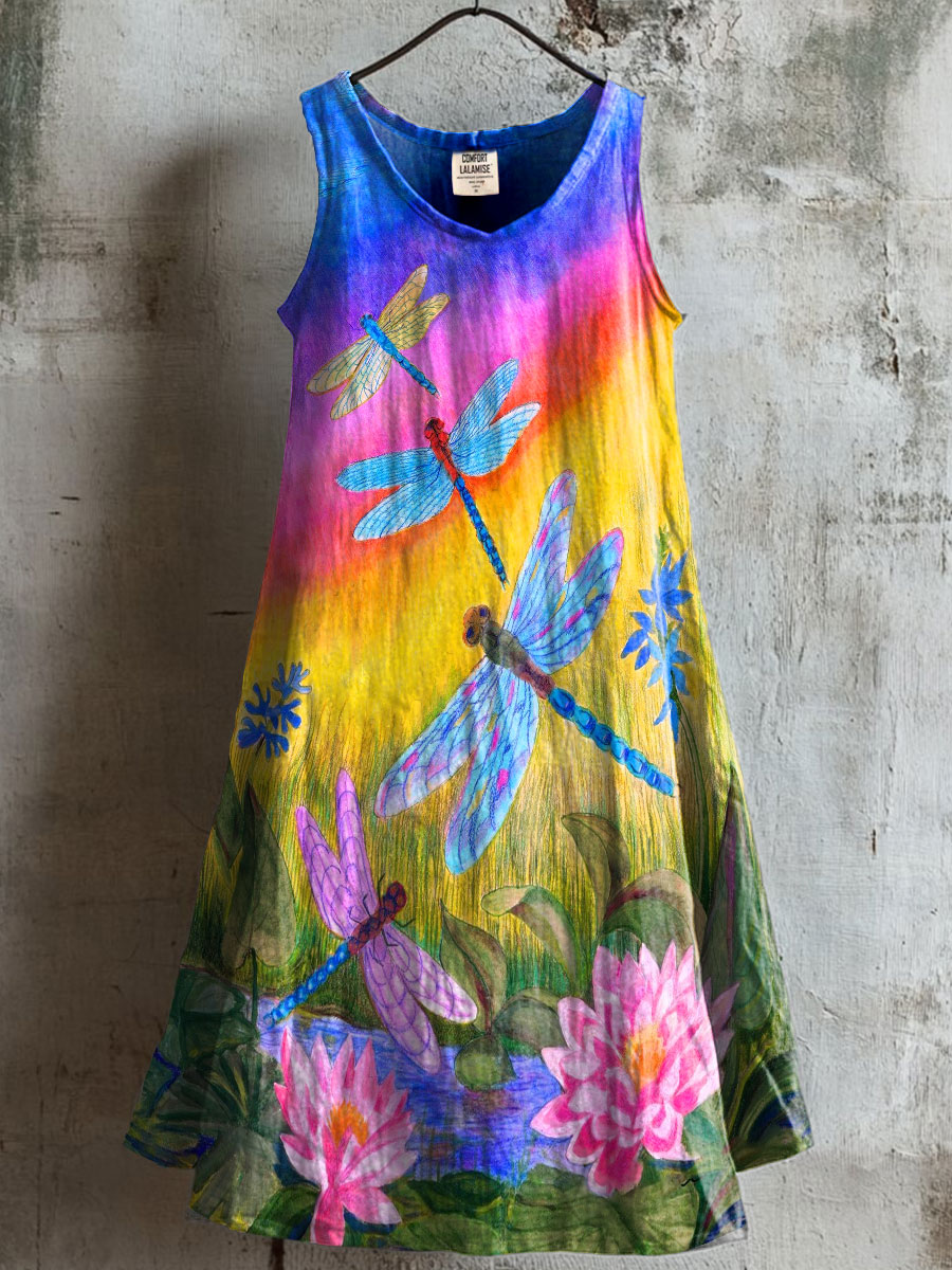 Women's Dragonfly Art Print V-neck Pocket Cotton Dress