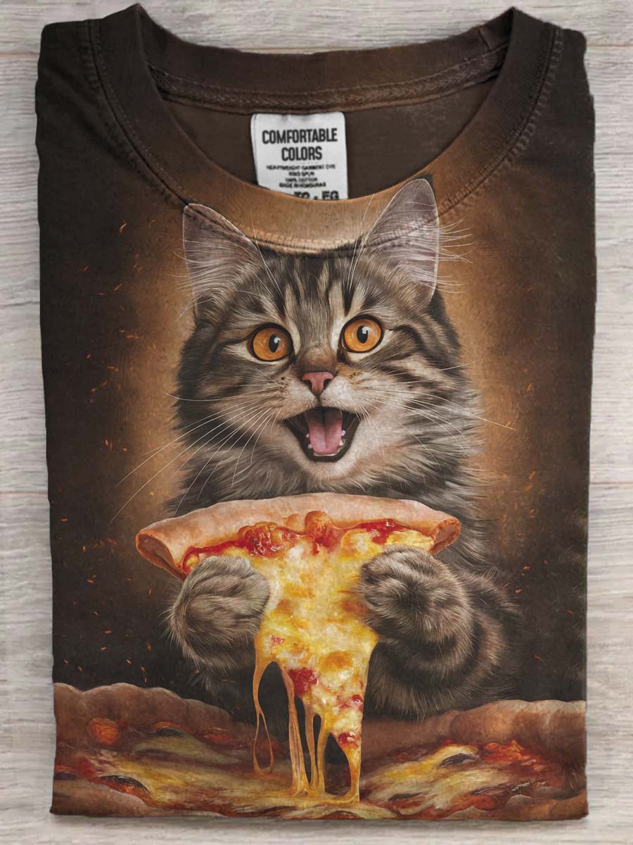 Fun Pizza Cat Print Casual Short Sleeve T-Shirt