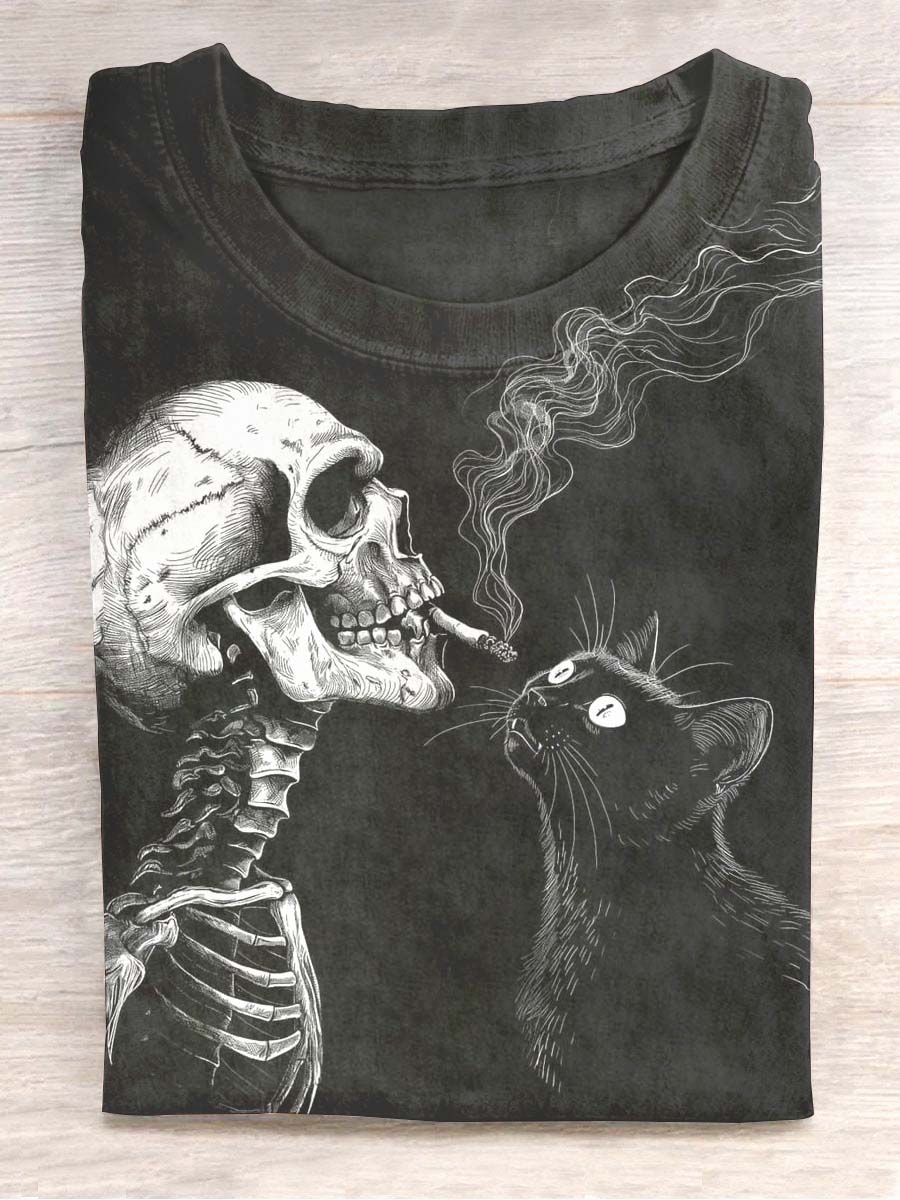 Unisex Skull Cat Print Casual Short Sleeve T-Shirt