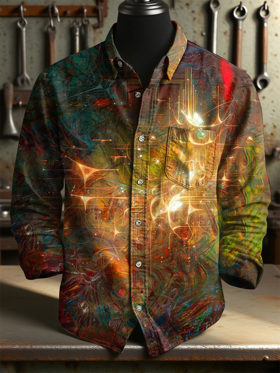 Vintage Multicolored Abstract Art Print 100% Cotton Long Sleeve Shirt
