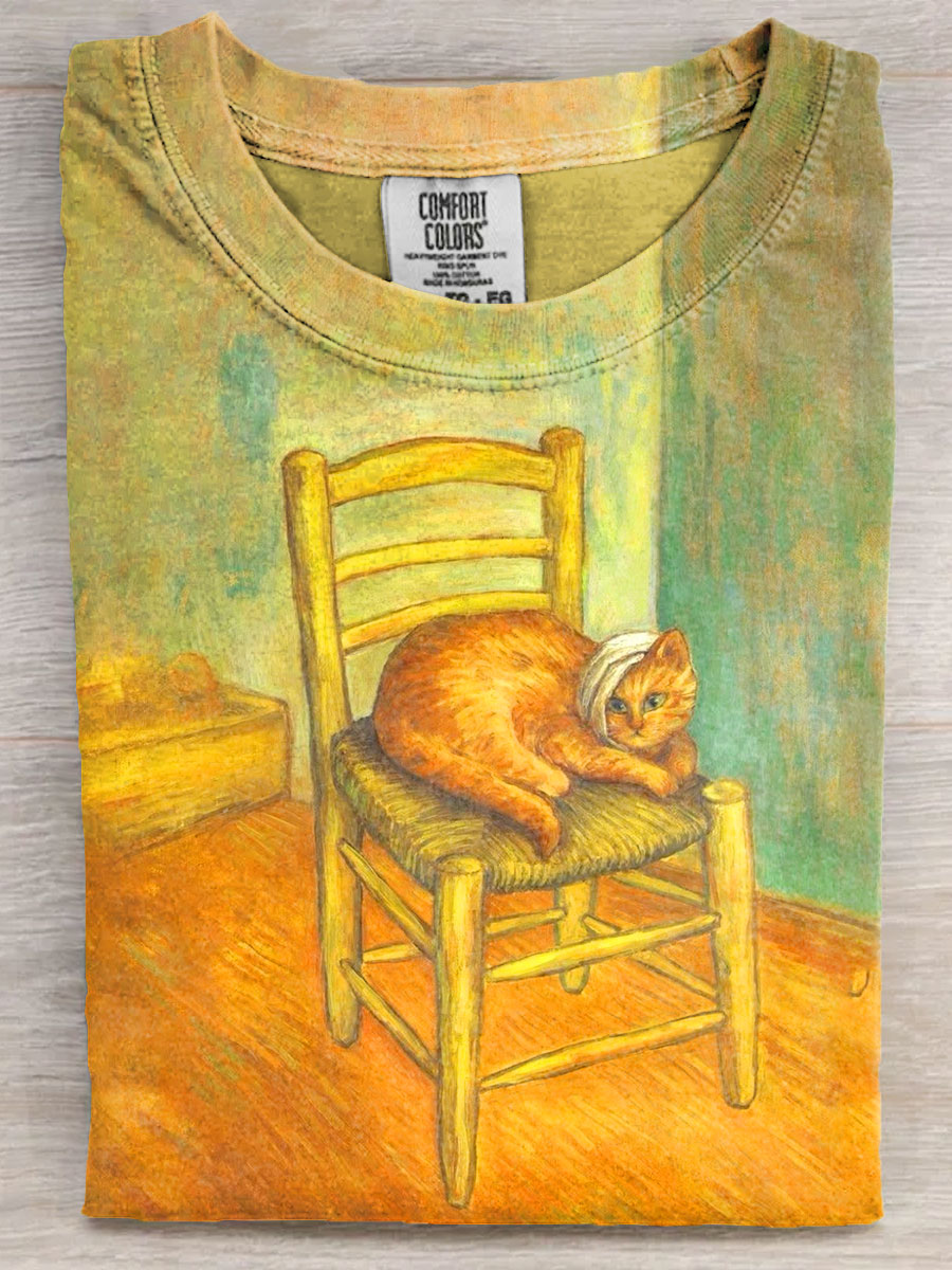 Vintage Van Cat Funny Art Print Casual Short Sleeve T-shirt