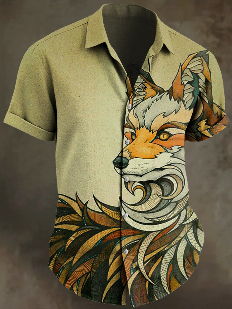 Retro Japanese Fox Art Print Casual Cotton And Linen Shirt