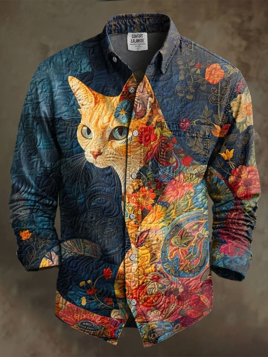 Vintage Multicolor Abstract Art Cat Print 100% Cotton Long Sleeve Shirt