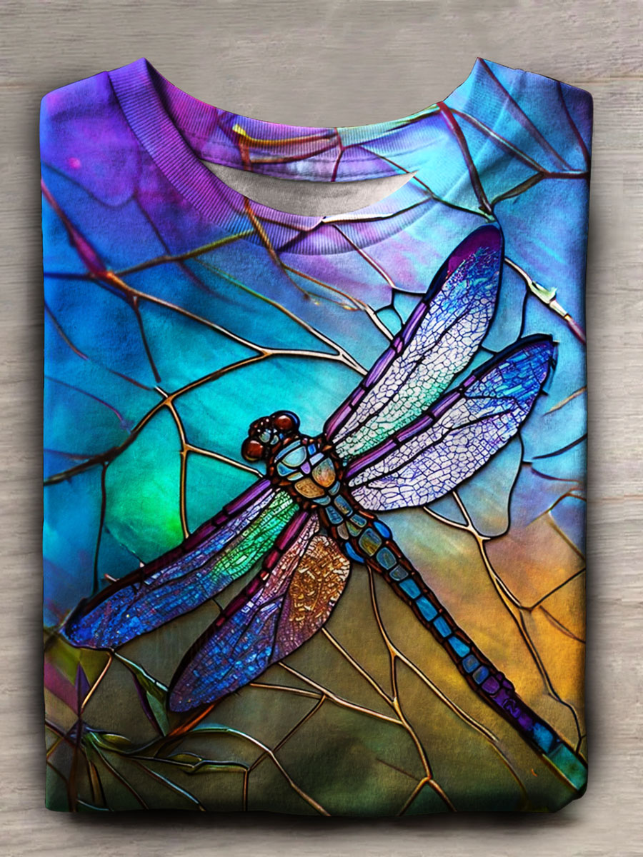 Dragonfly Print Casual Short Sleeve Top