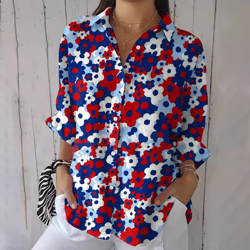 Women's Retro Independence Day Floral Art Print Casual Shirt