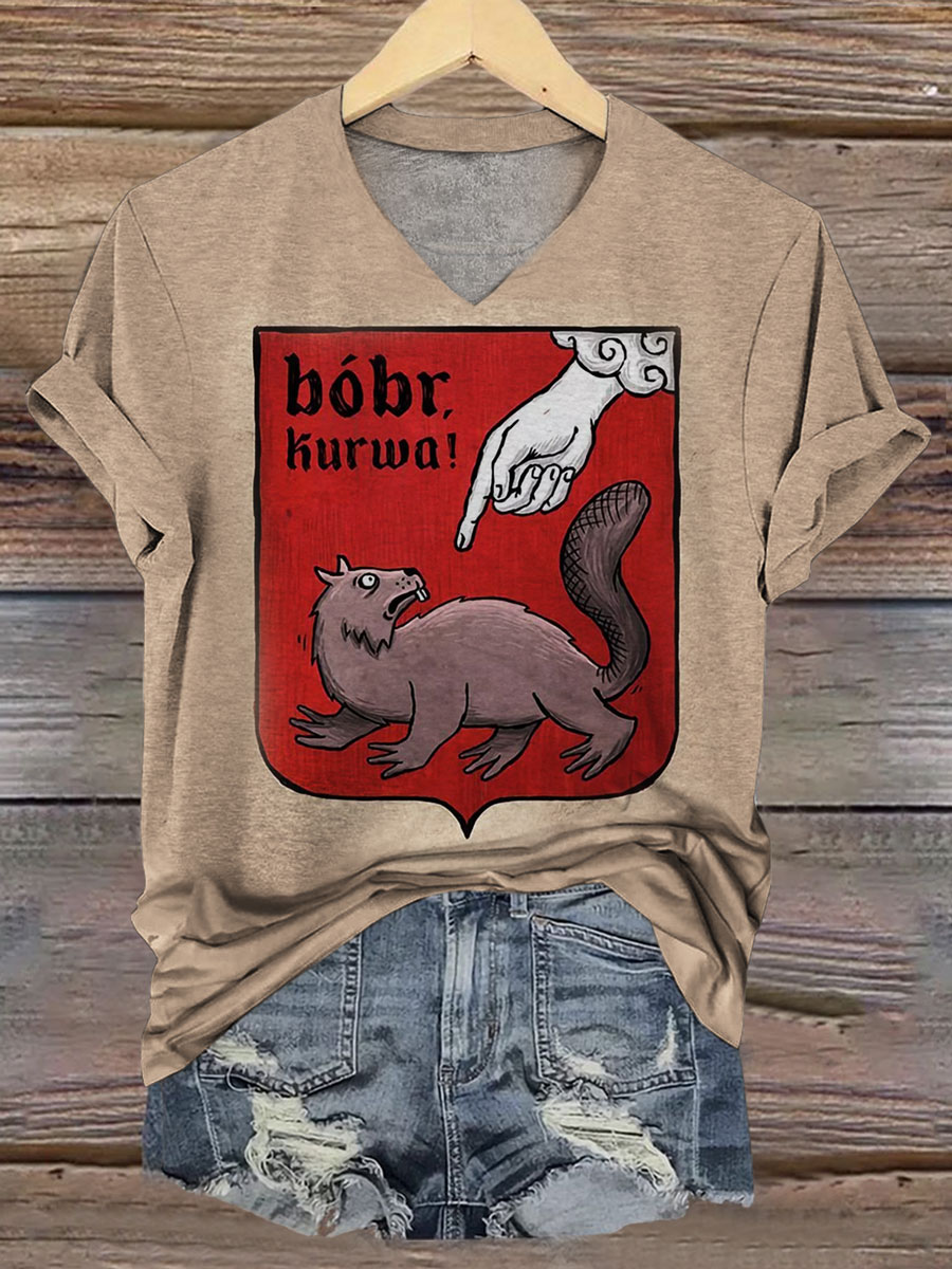 Funny Print V-neck Casual T-Shirt