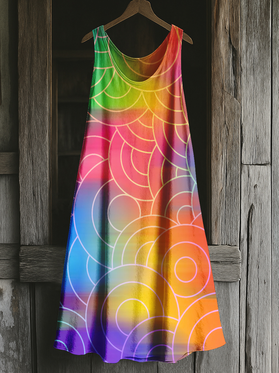 Rainbow Line Circle Art Print Casual Vest Dress