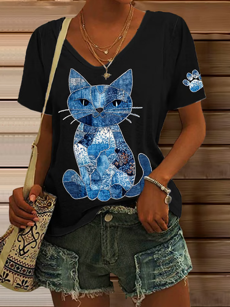 Women's Retro Animal Cat Print V-neck T-shirt