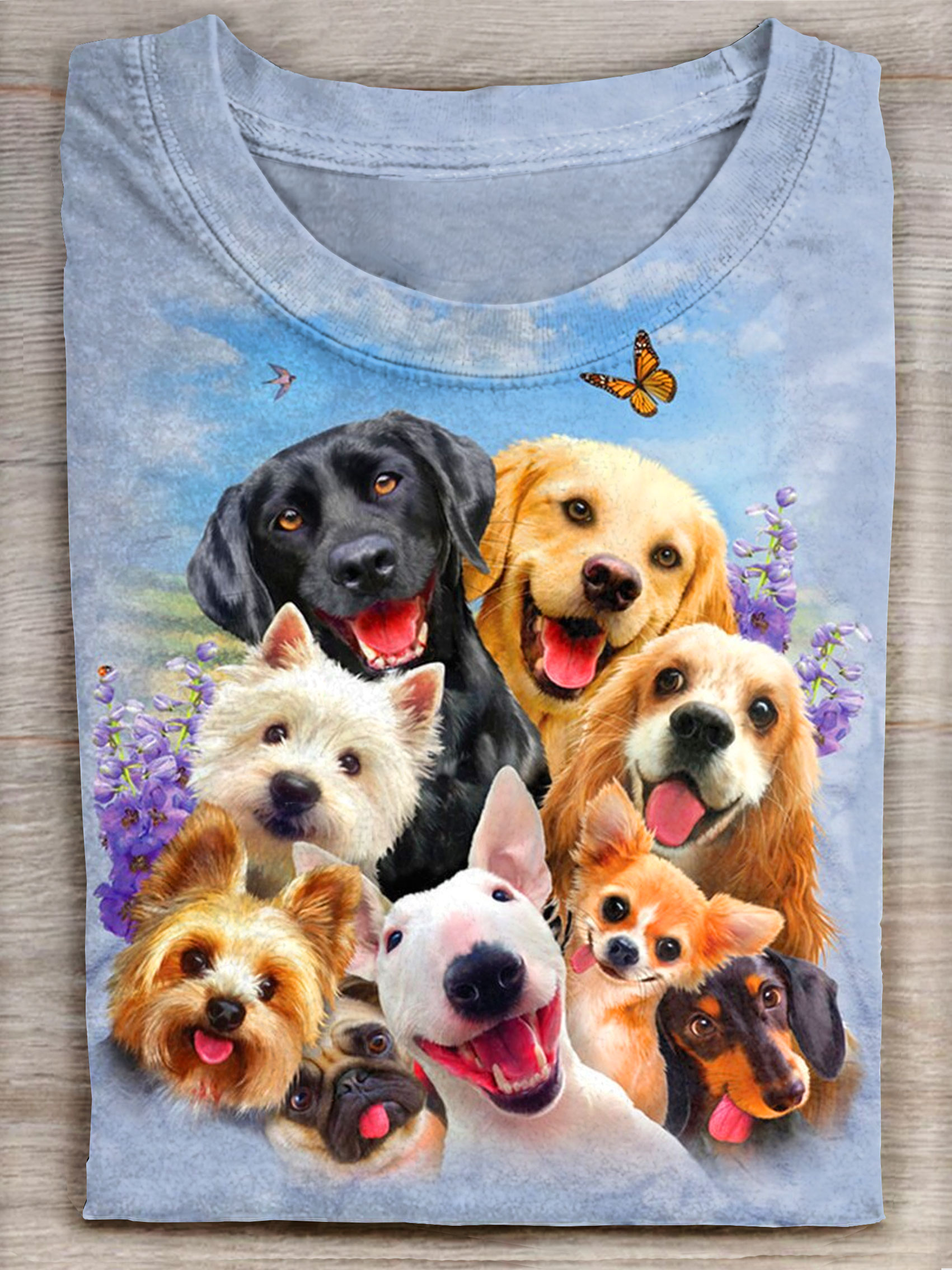 Dog Selfie Cute Puppies Animal Art Print Casual Short Sleeve T-shirt