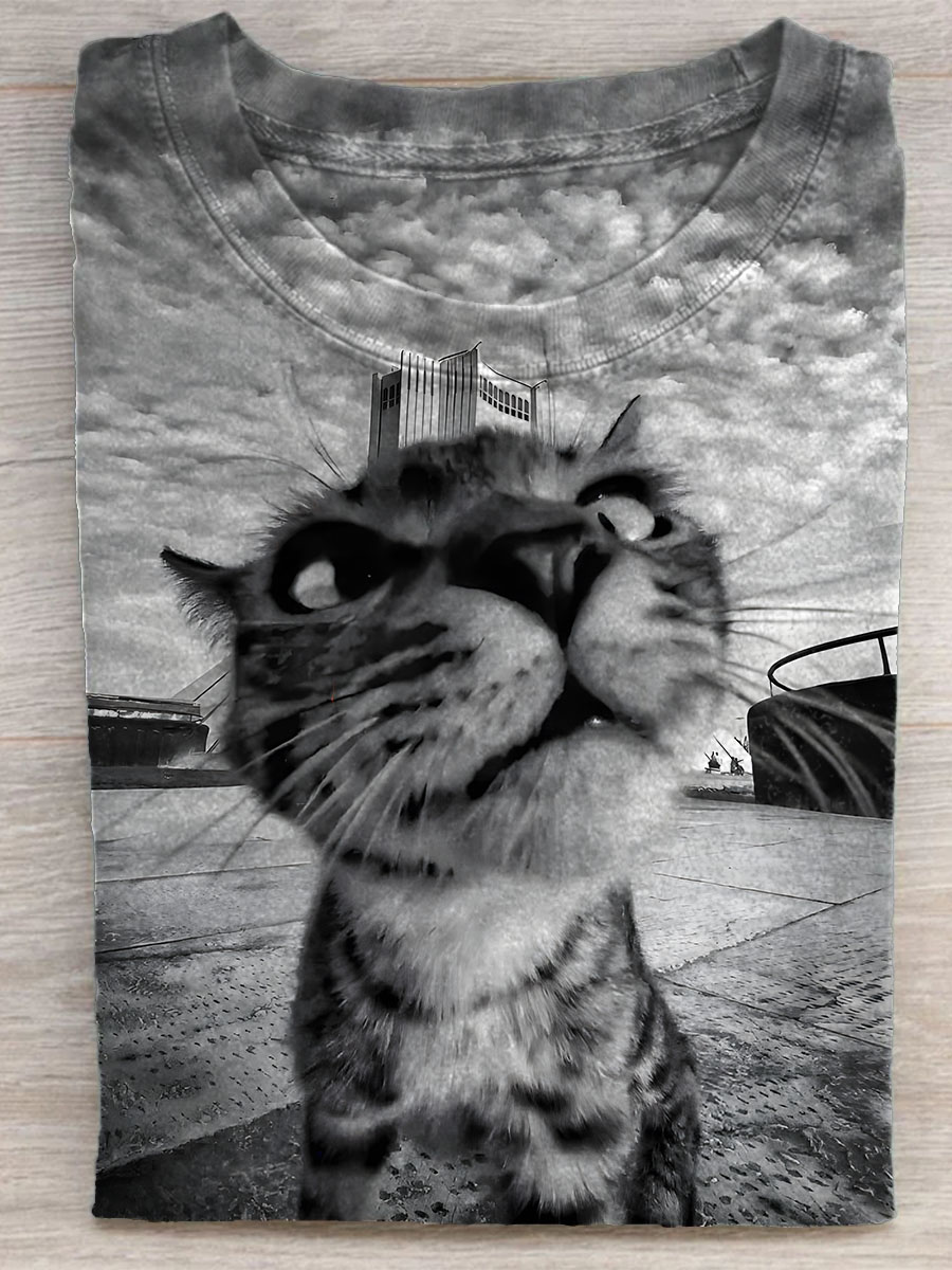 Retro Funny Cat Art Print T-shirt