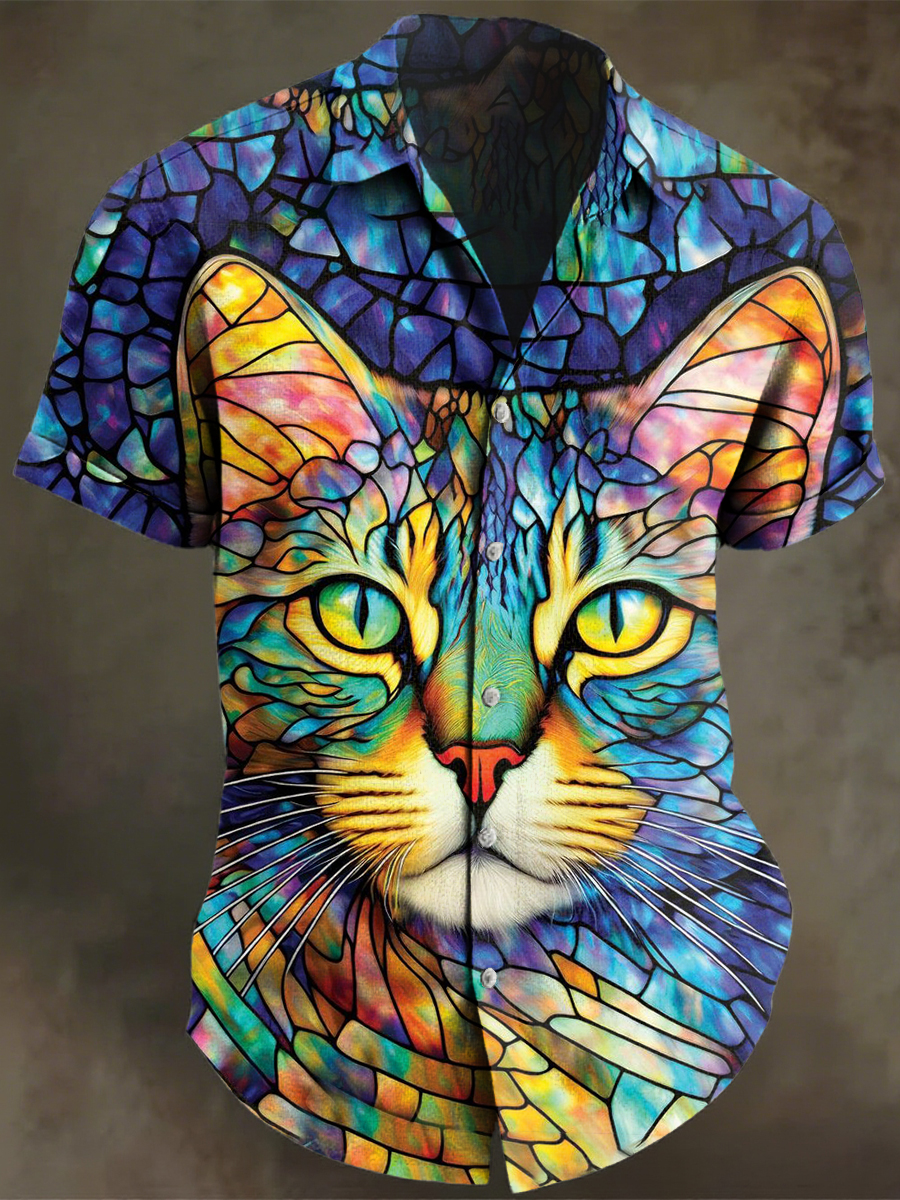 Retro Multicolor Cat Art Print Casual Cotton And Linen Shirt