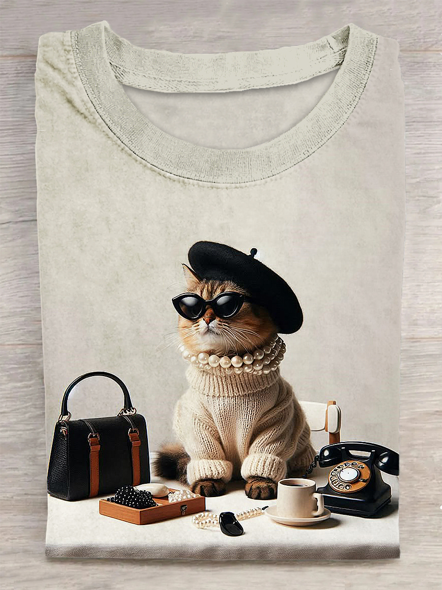 Funny Cat Printed Vintage Fashion Loose Short Sleeve T-Shirt