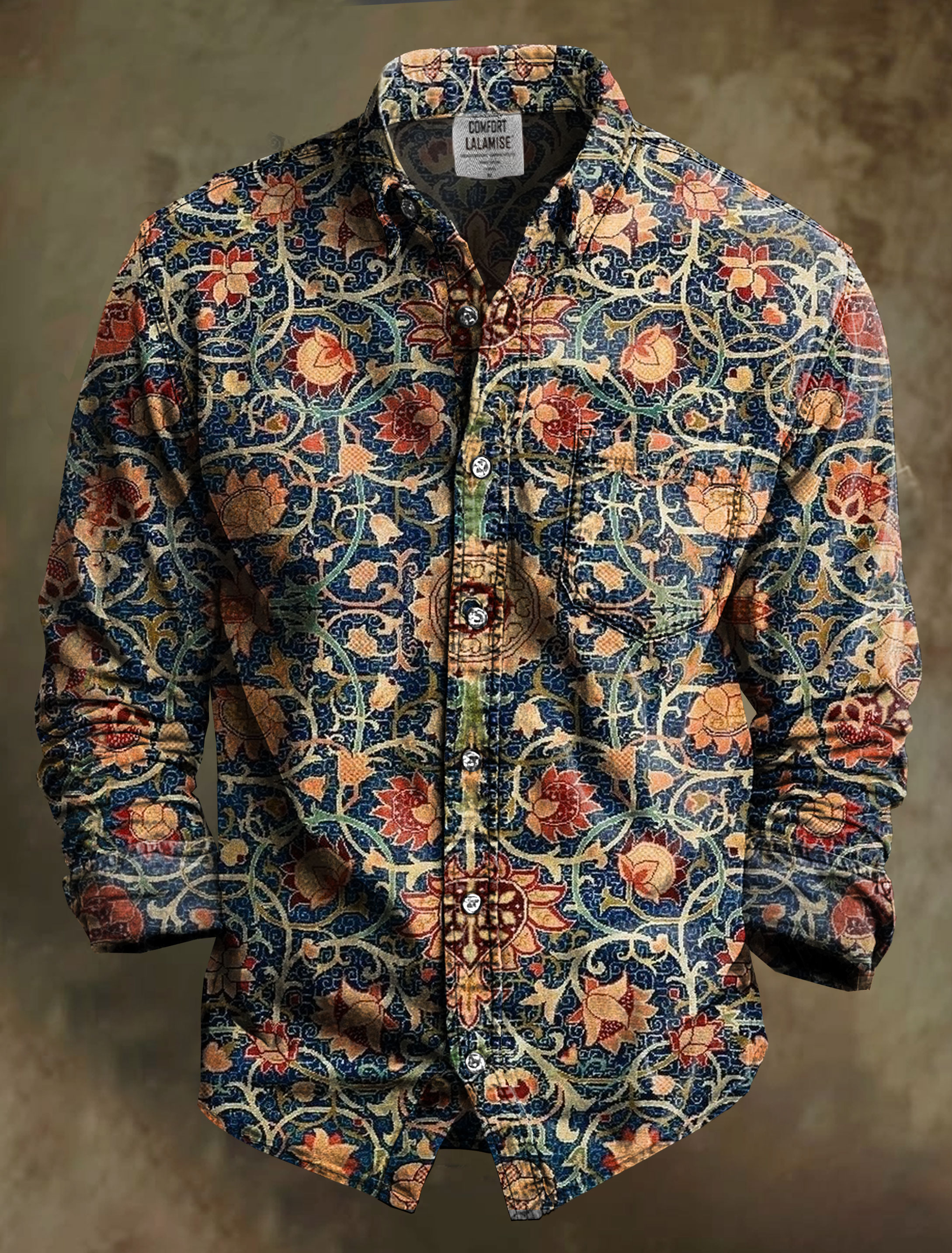 Vintage Ethinic Floral Art Print 100% Cotton Long Sleeve Shirt