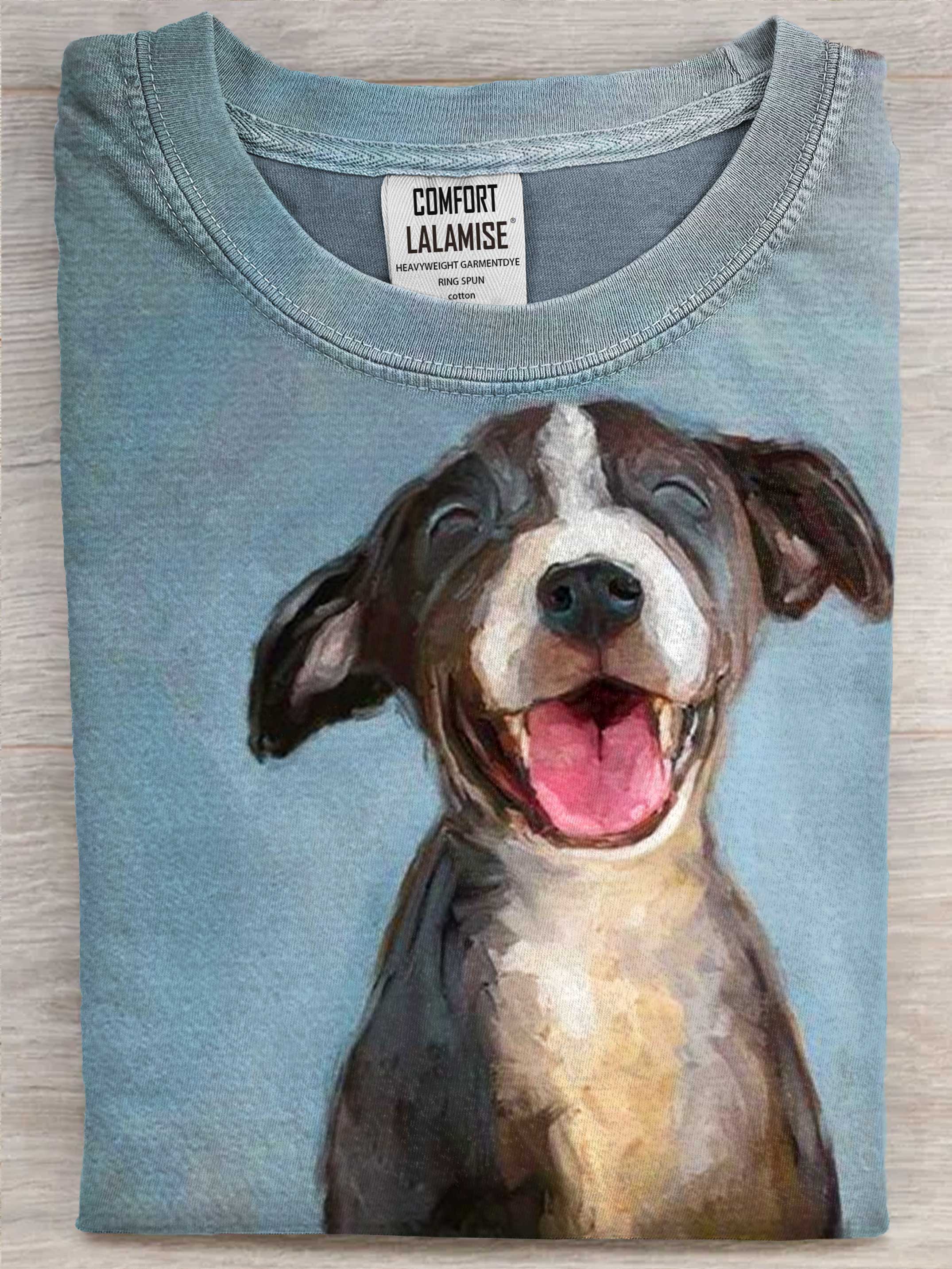 Smiling Dog Lover Art Print Cotton Casaul Short Sleeve T-shirt