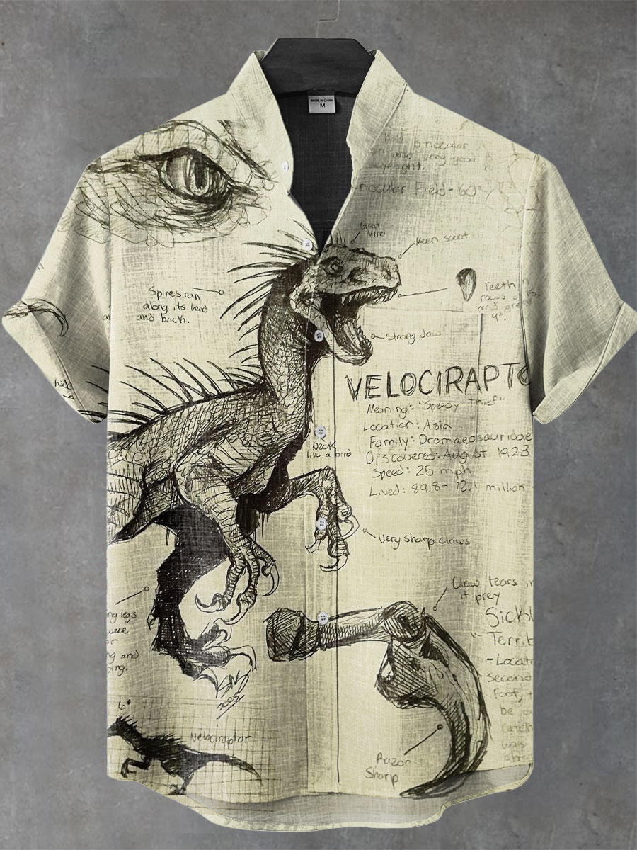 Vintage Dinosaur Manuscript Art Print Casual 100% Cotton Shirt