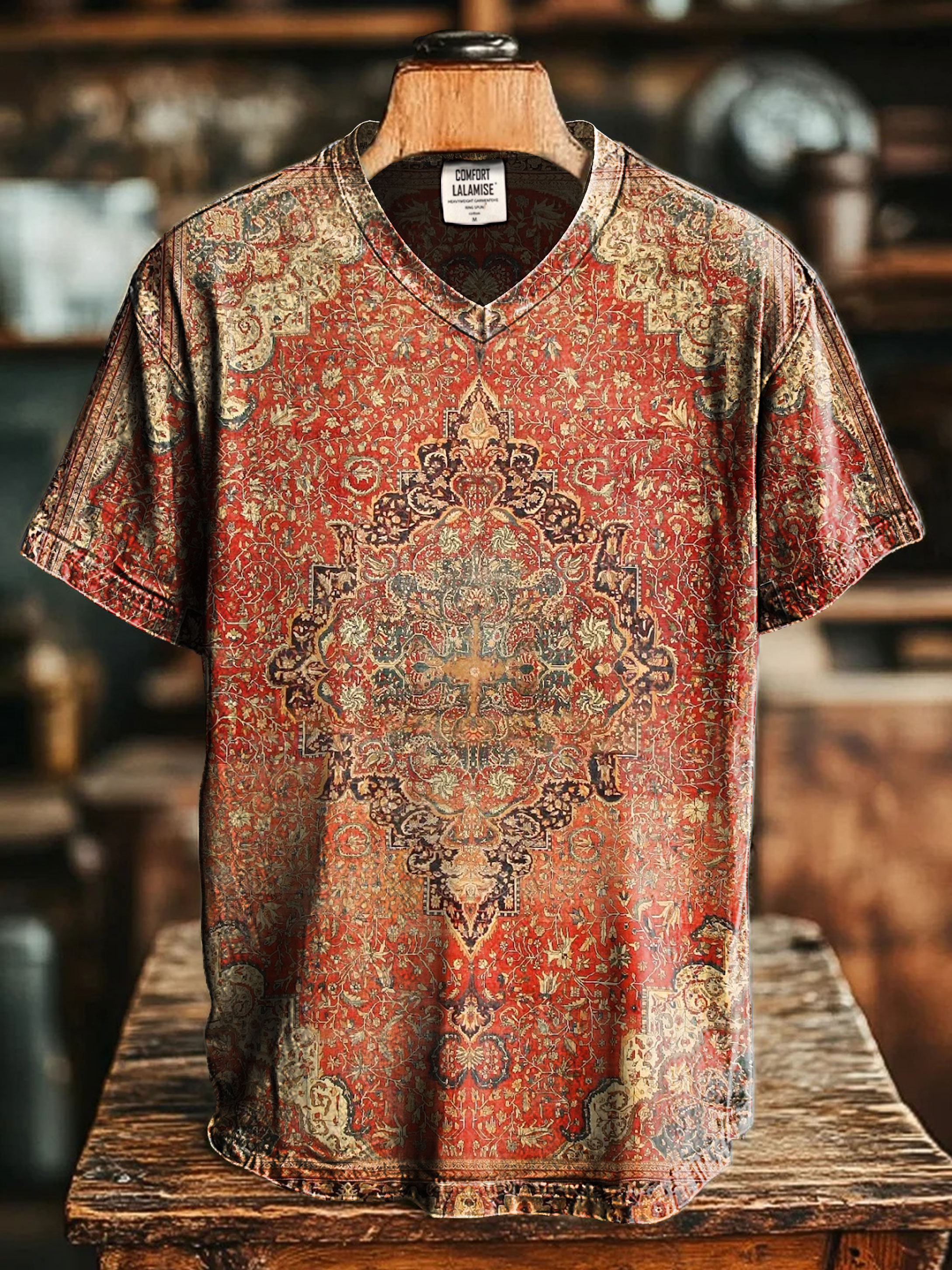 Retro Ethic Art Print V-neck Casual T-Shirt