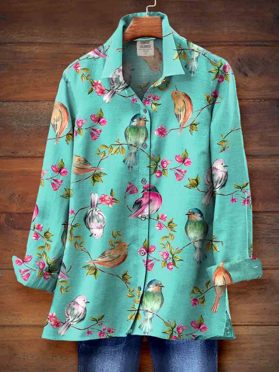 Flower Bird Fancy Art Print Casual Cotton Shirt
