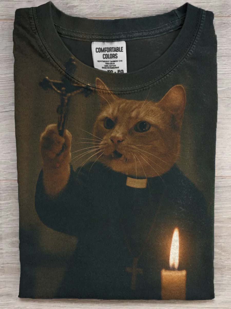 Funny Jesus Cat Print Casual Short Sleeve T-Shirt