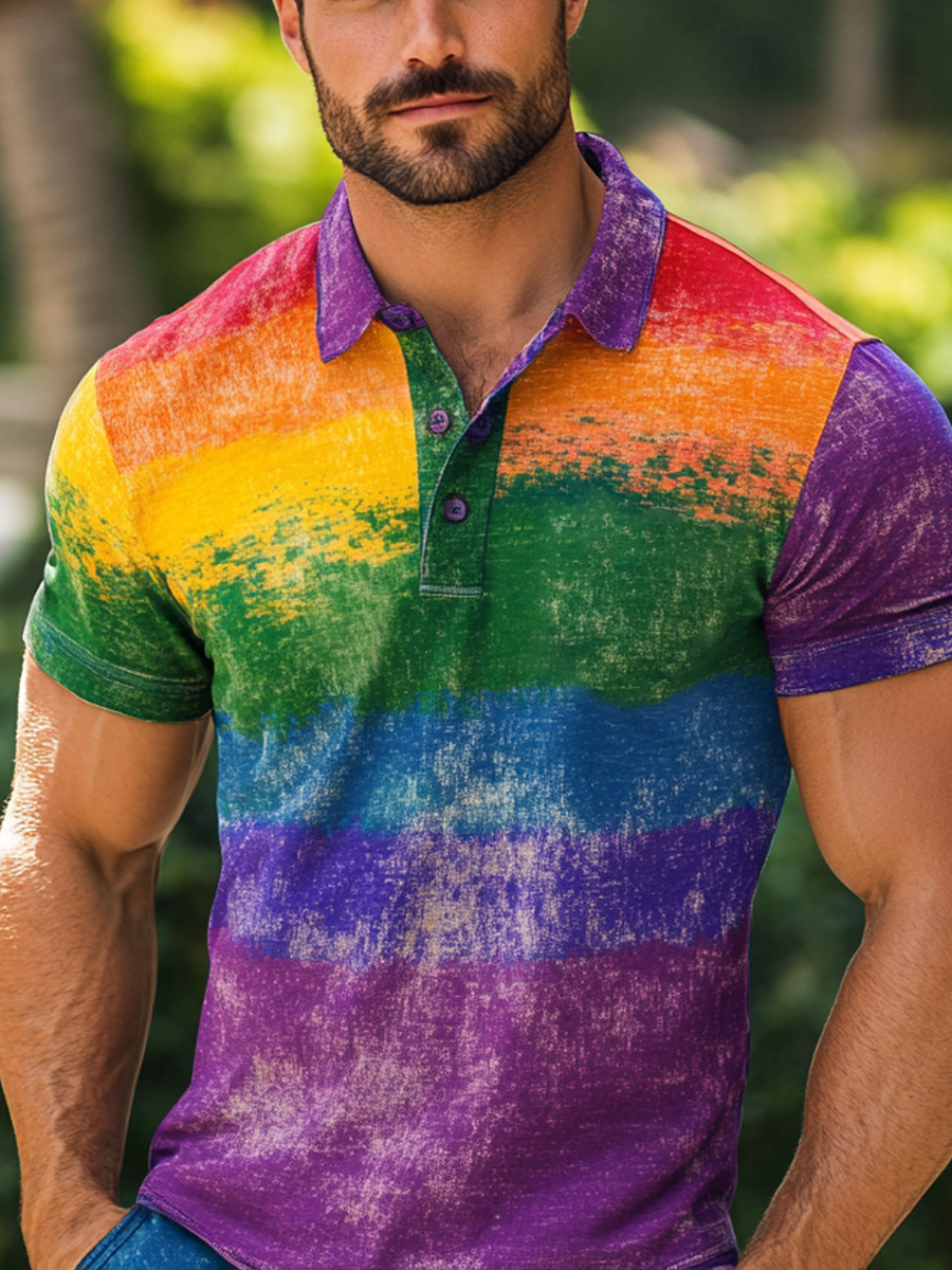 Rainbow Art Gradient Print Casual Short Polo Shirt