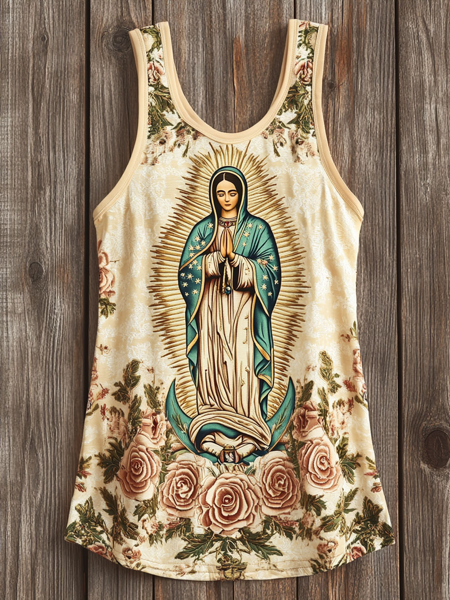 Vintage Floral Virgin Mary Print Tank Top