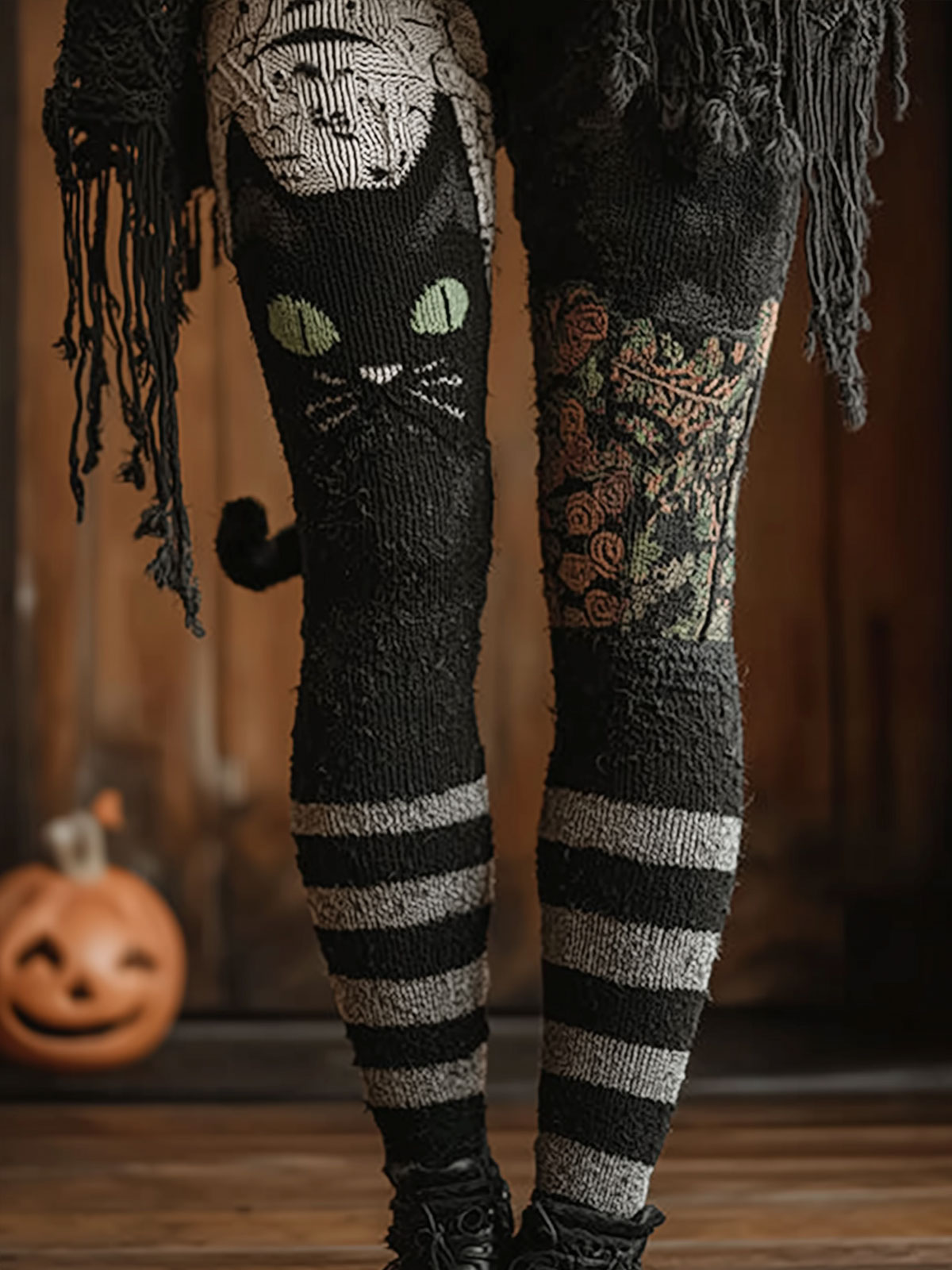 Halloween Black Cat Stripe Patchwork Knit Art Print Casual Spirit Stretch Leggings