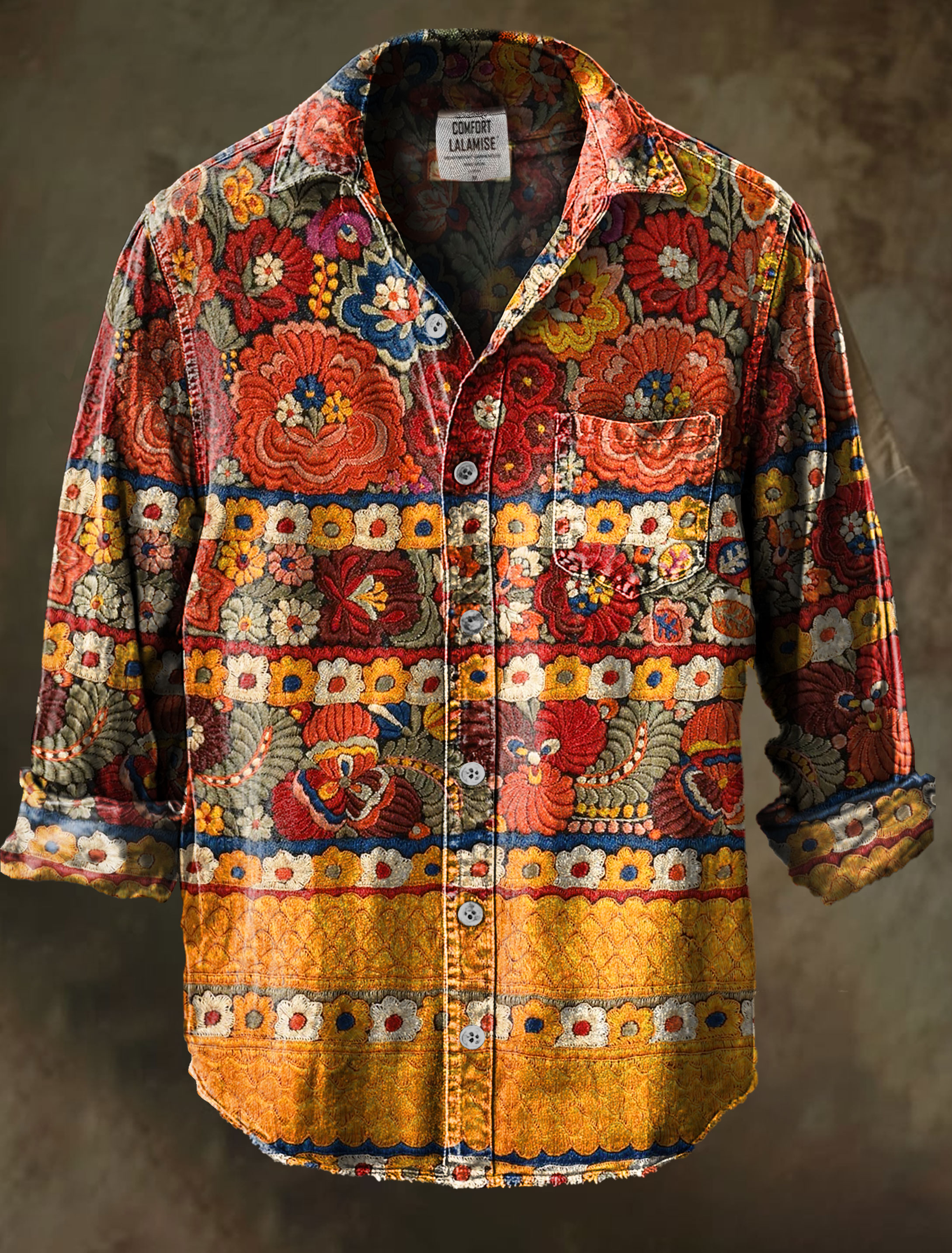 Vintage Patchwork Art Print 100% Cotton Long Sleeve Shirt