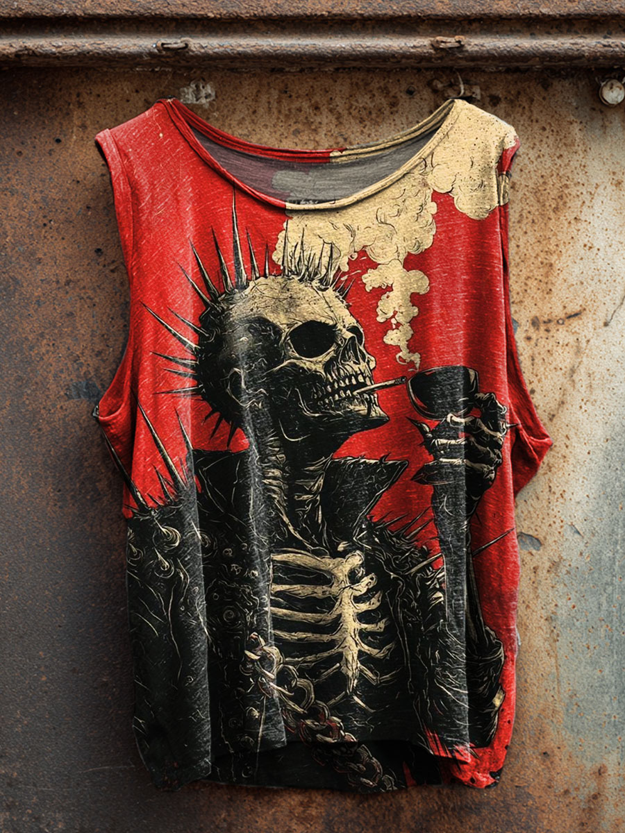 Vintage Skeleton Print 100% Cotton Casual Tank Top