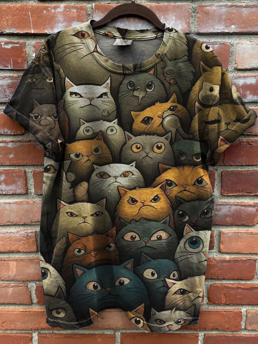 Vintage Cat Art Print Casual T-shirt