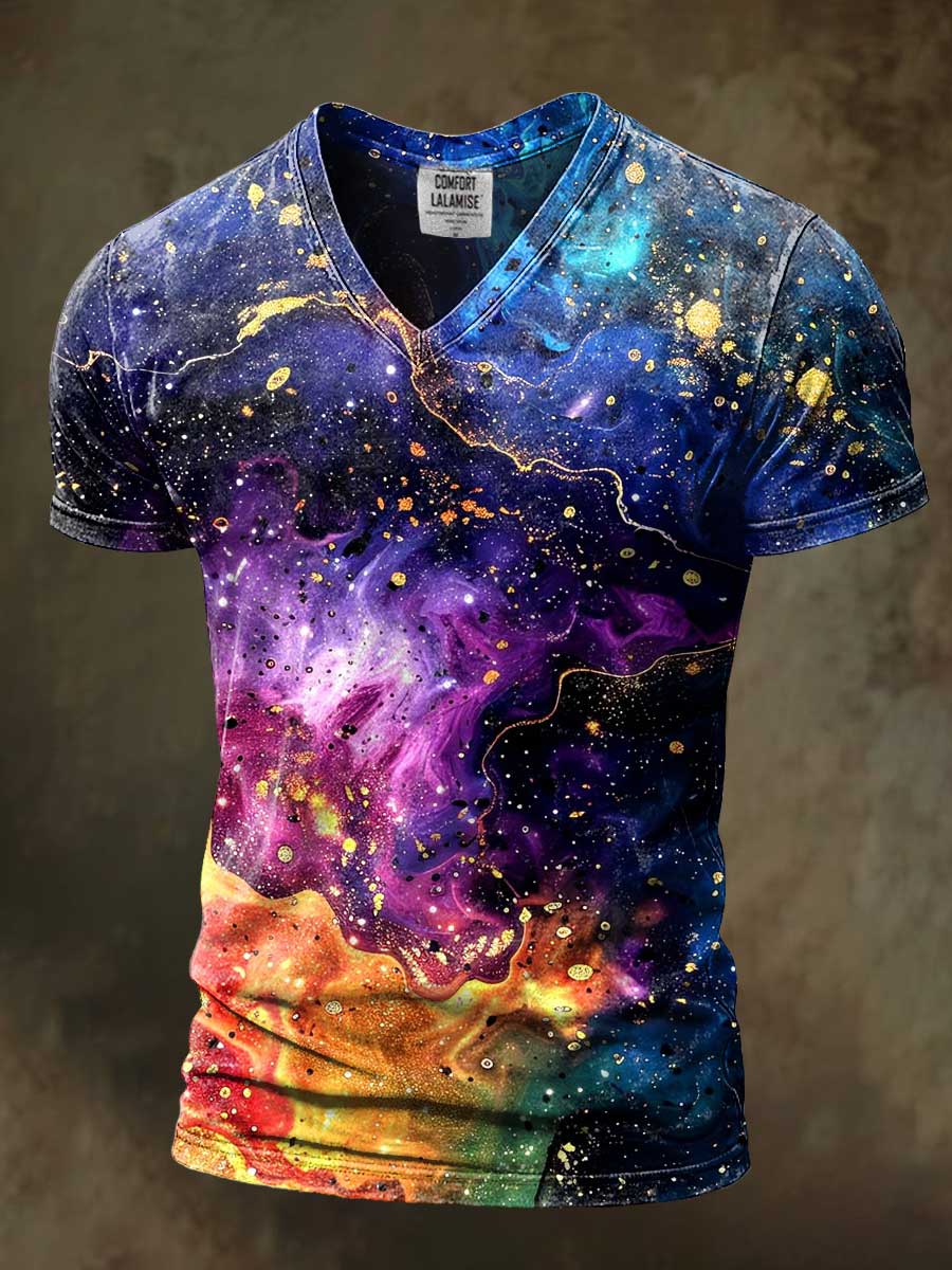 Galaxy Art Print Casaul Short Sleeve V-neck T-shirt