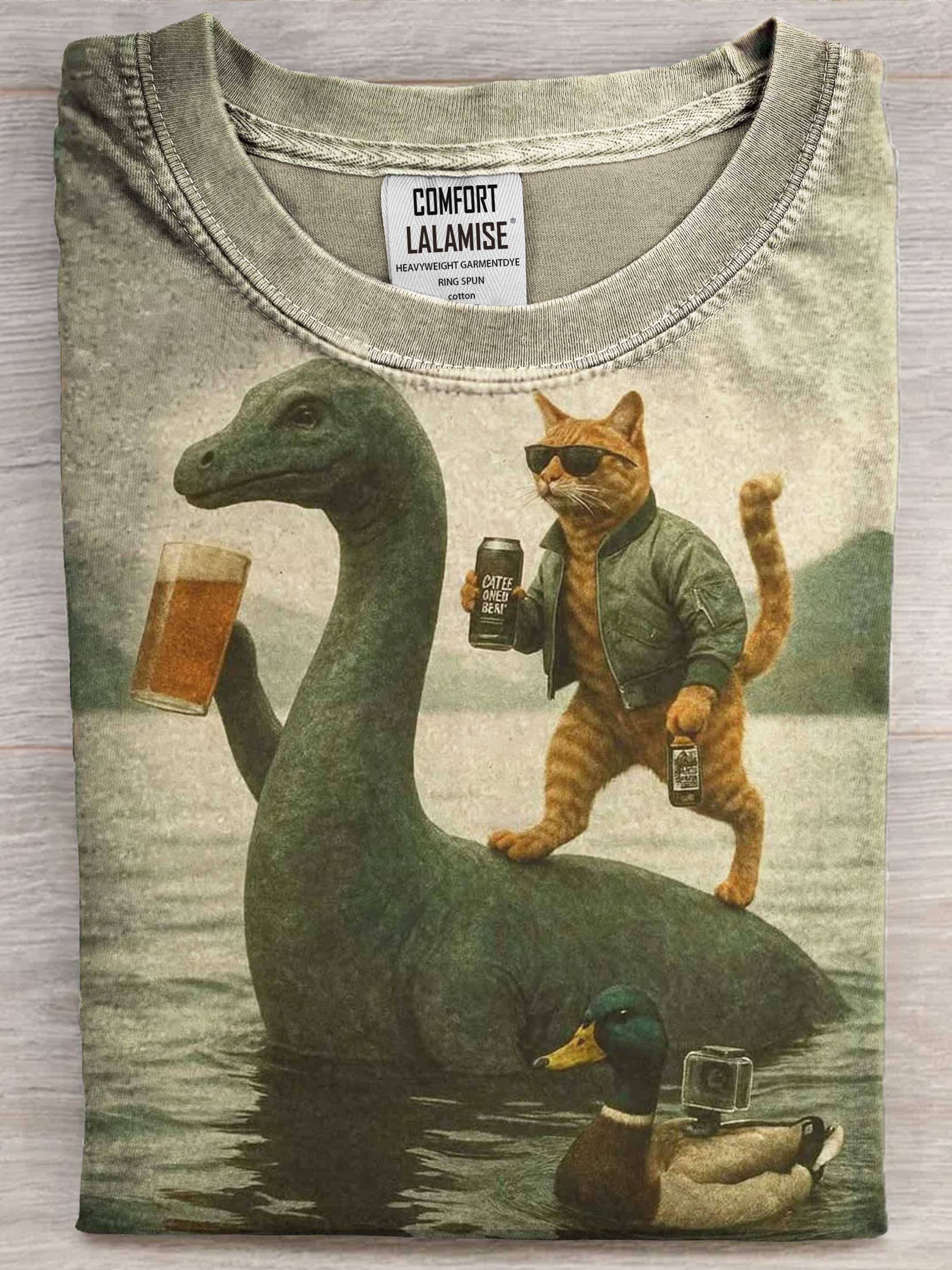 Funny Cats and Dinosaurs Art Print Casaul Cotton Short Sleeve T-shirt
