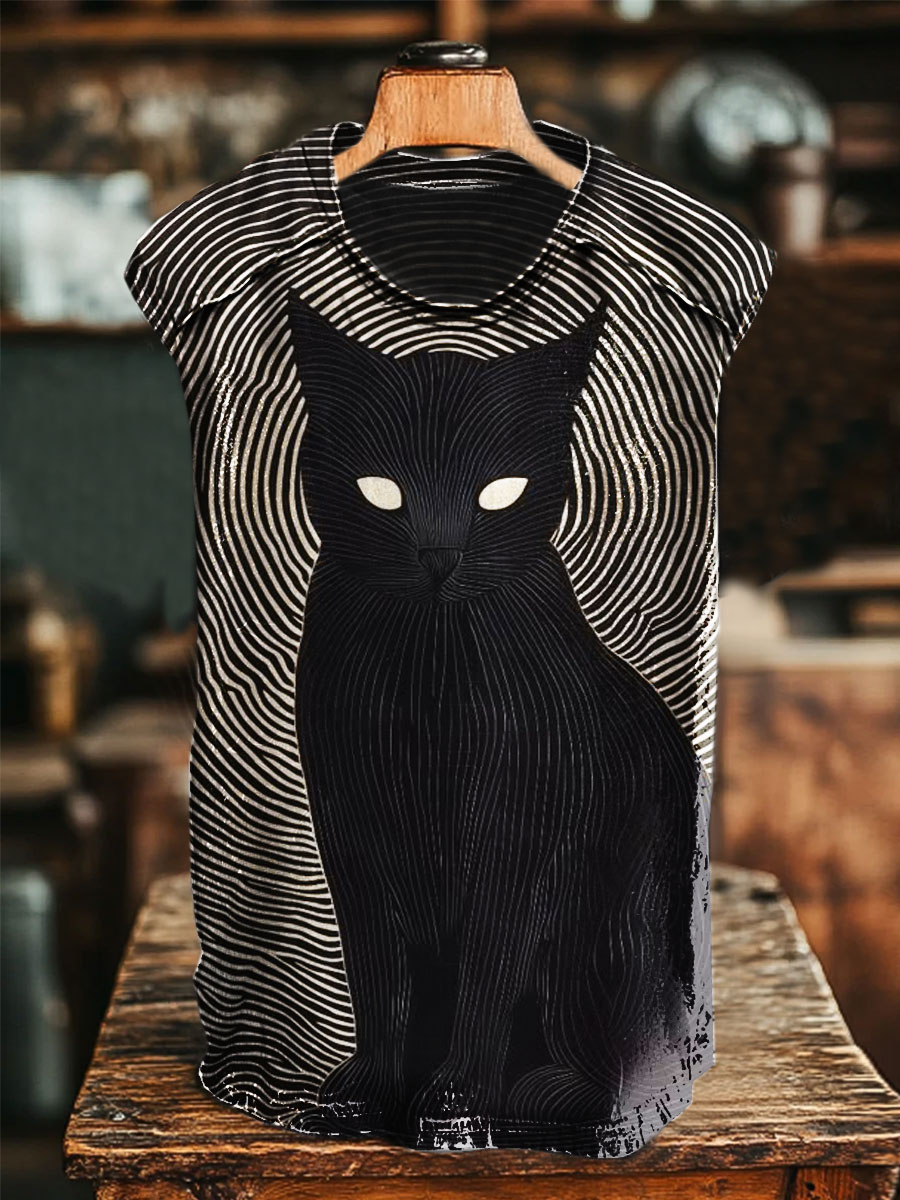 Black Cat Vintage Print 100% Cotton Casual Tank Top