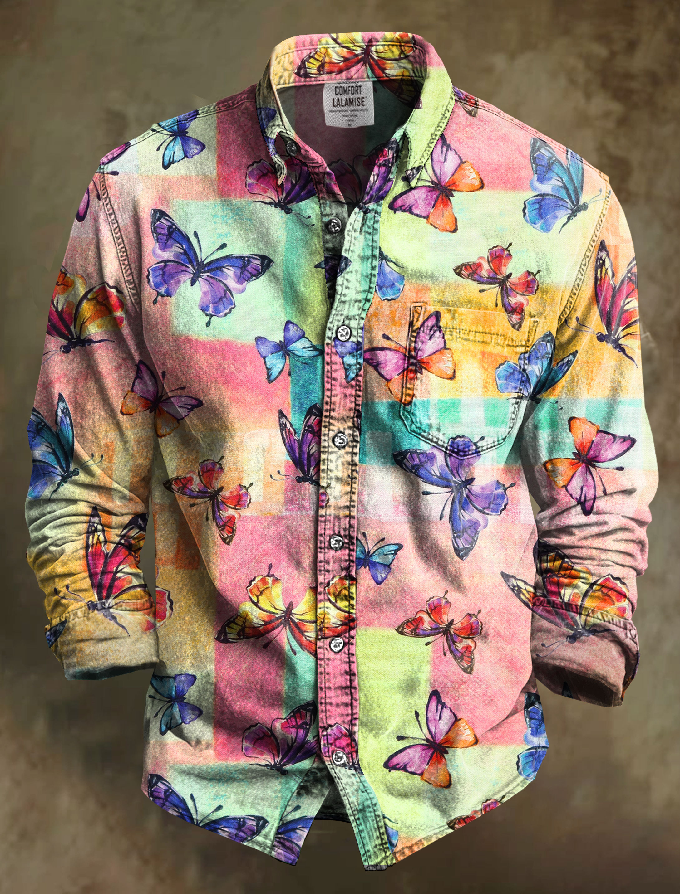Illuminated Butterfly Colourful Square Art Print 100% Cotton Long Sleeve Shirt