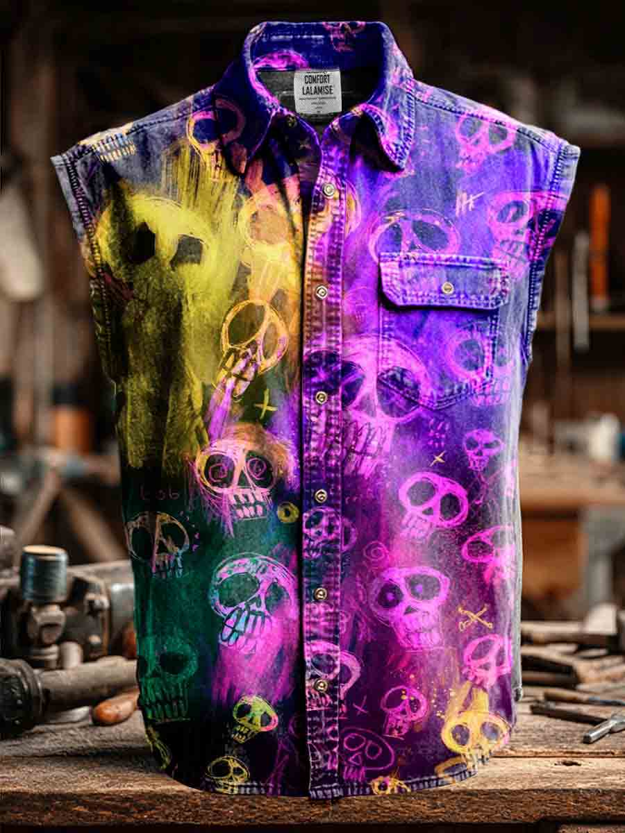 Skull Fantacy Art Print Casual 100% Cotton Sleeveless Lapel Shirt